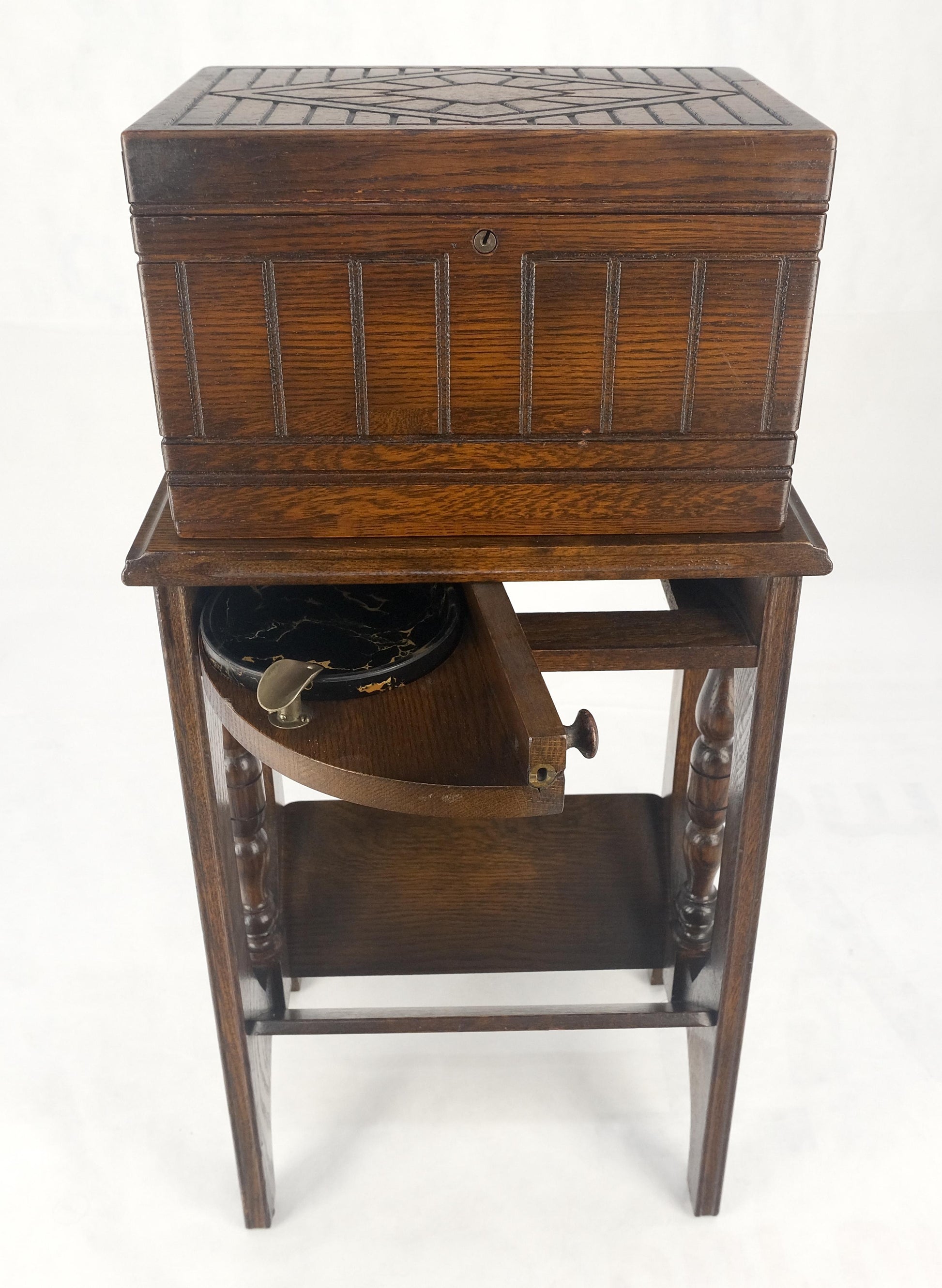 EstablishedLines Antique c1920s Art Deco Solid Oak Humidor on Stand w/ Built in Swivel Ashtray