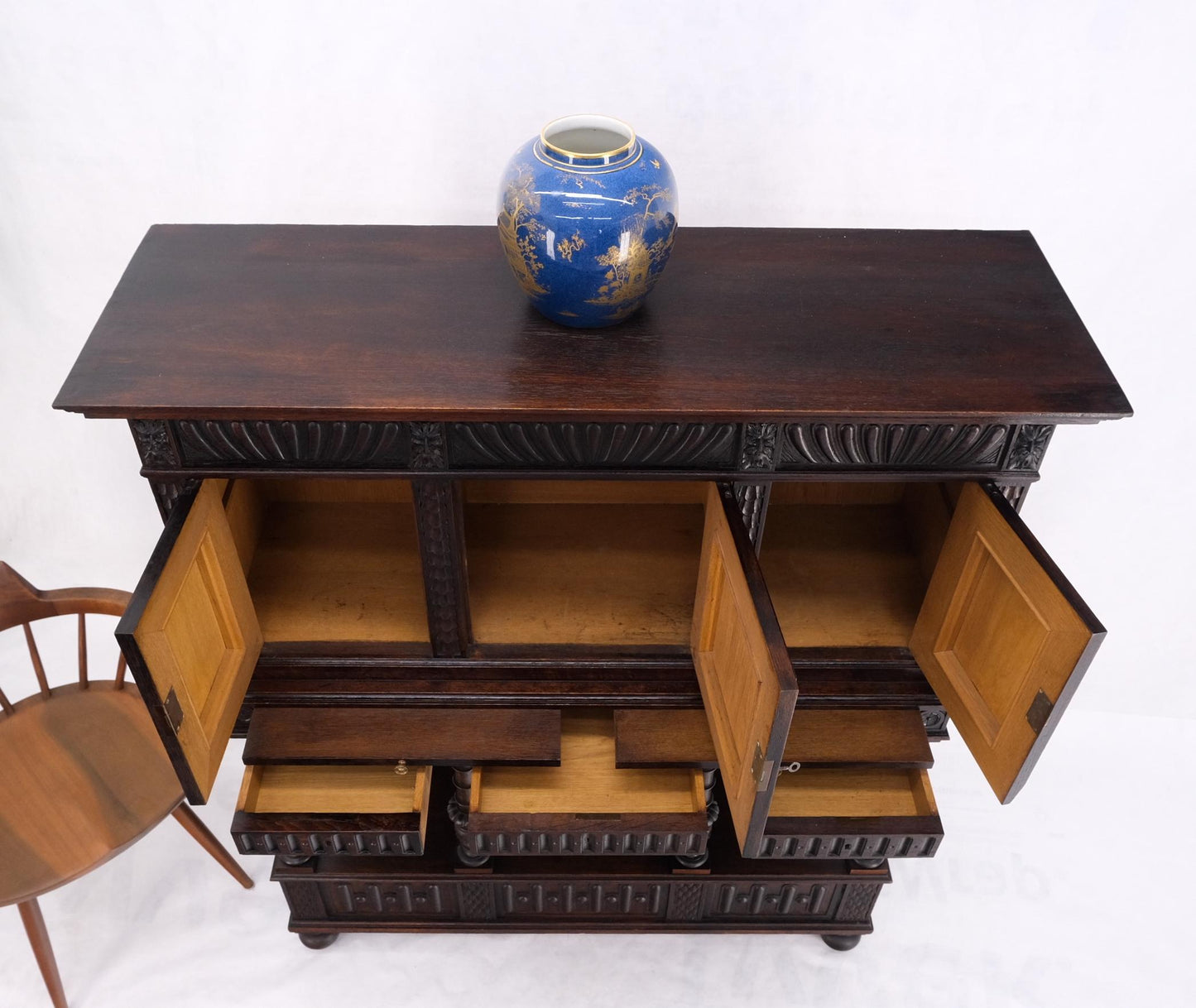 EstablishedLines Carved Oak Jacobean Style 3 Doors Drawers Server Credenza Cabinet Cupboard Mint