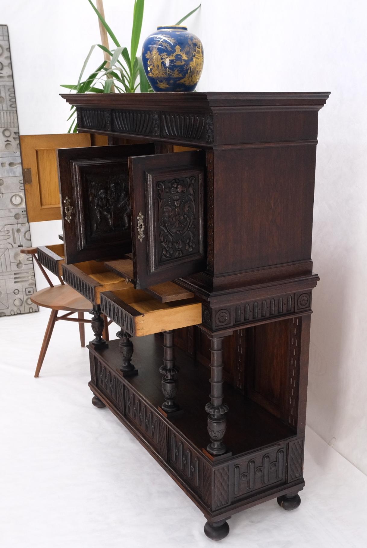 EstablishedLines Carved Oak Jacobean Style 3 Doors Drawers Server Credenza Cabinet Cupboard Mint
