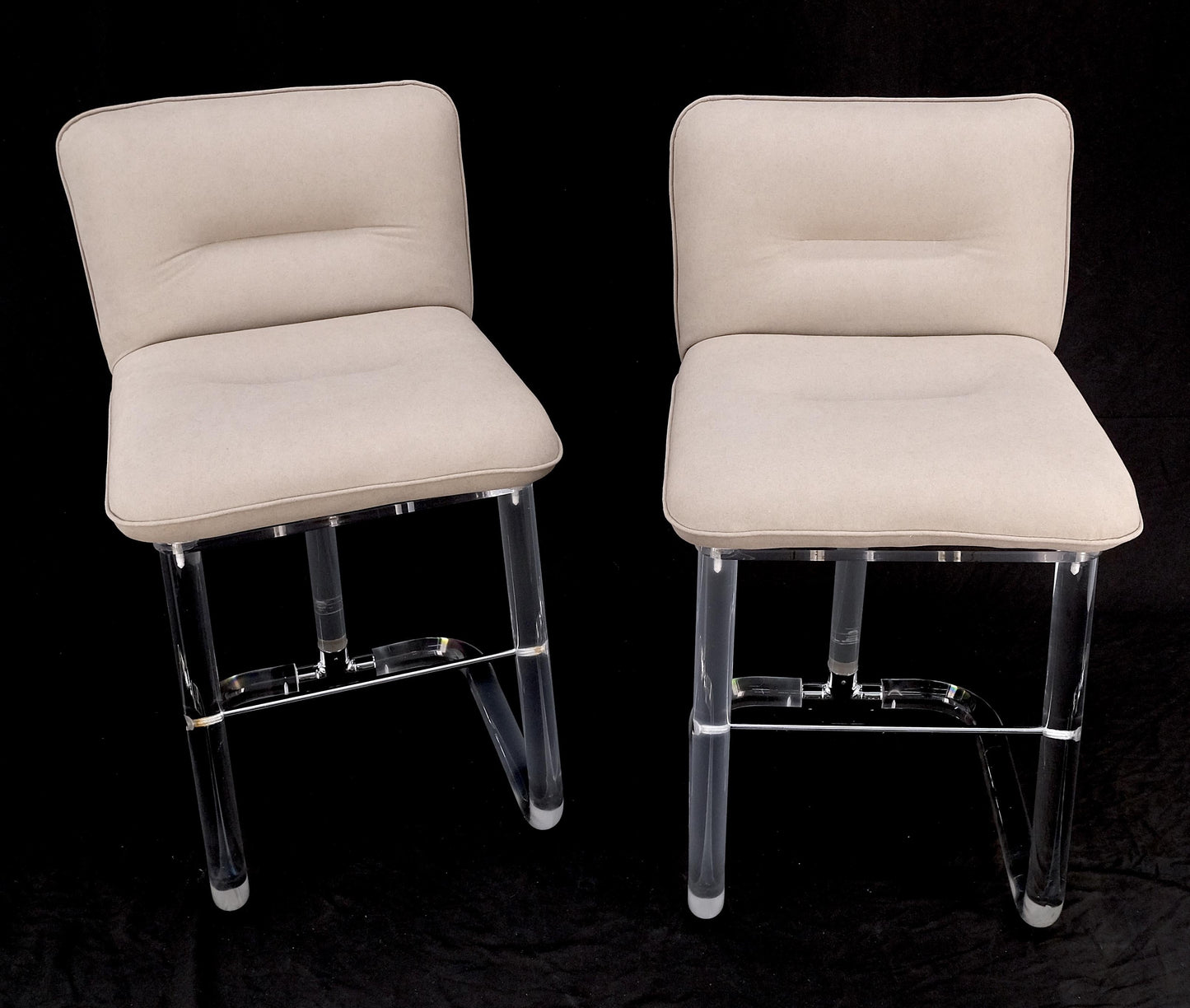 EstablishedLines Pair Bent Lucite 1970s New Alcantera Upholstery Swivel Barstool Chairs Chairs