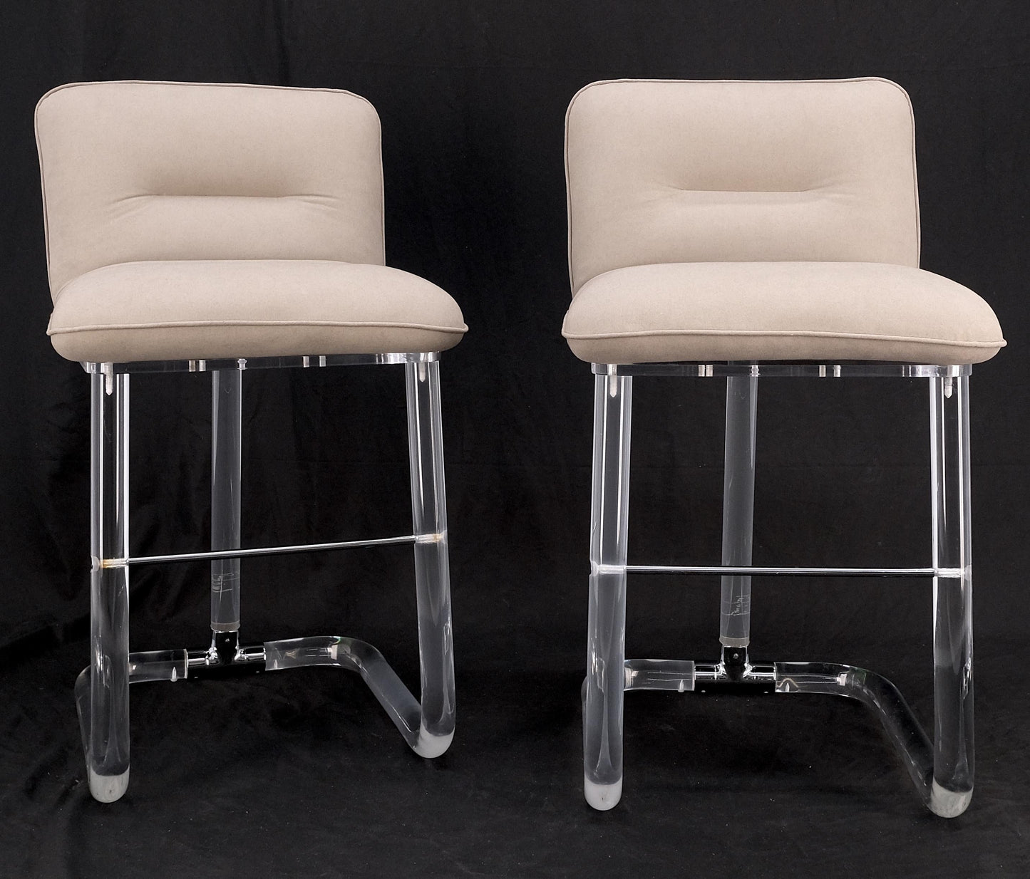EstablishedLines Pair Bent Lucite 1970s New Alcantera Upholstery Swivel Barstool Chairs Chairs