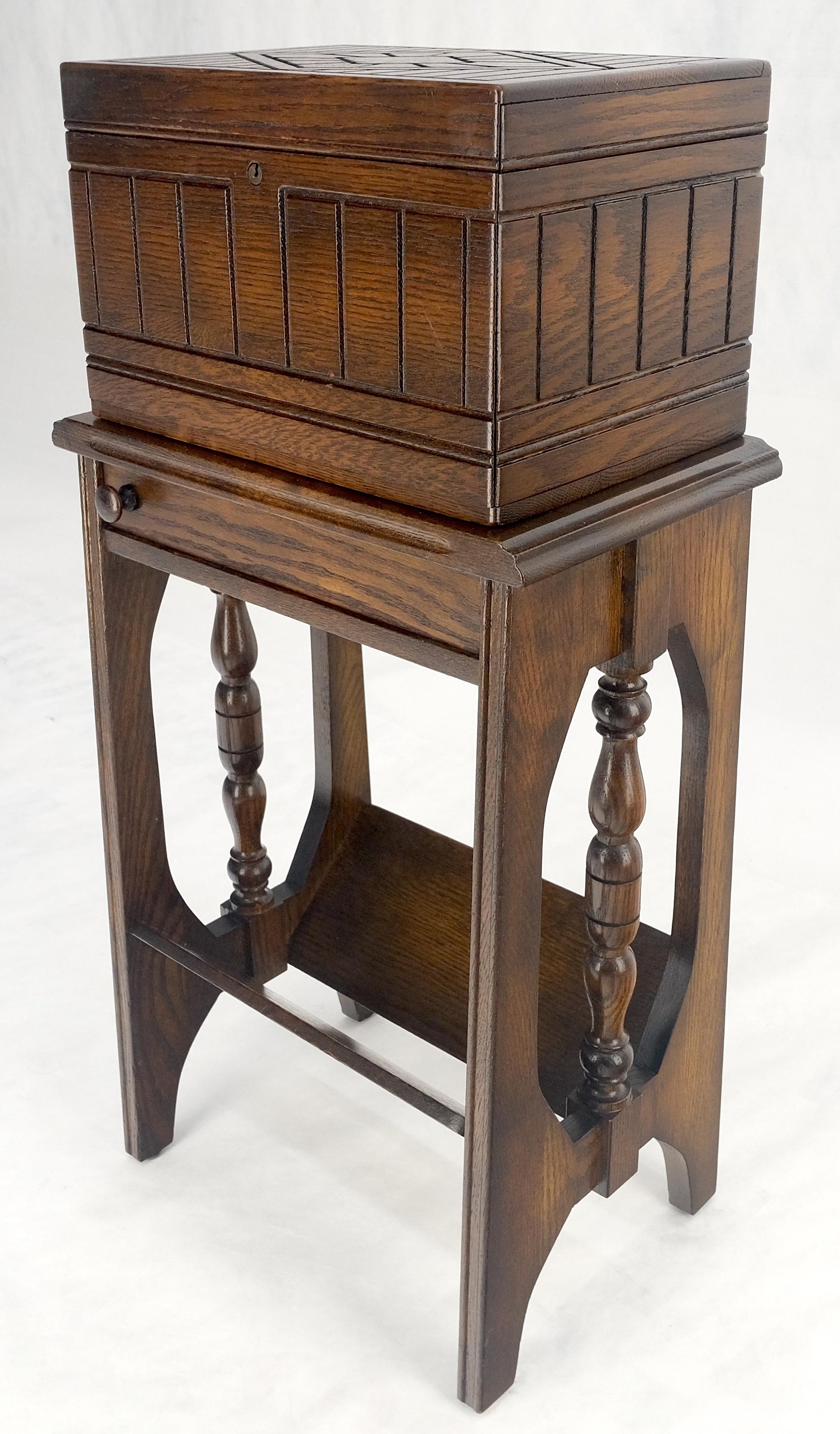 EstablishedLines Antique c1920s Art Deco Solid Oak Humidor on Stand w/ Built in Swivel Ashtray