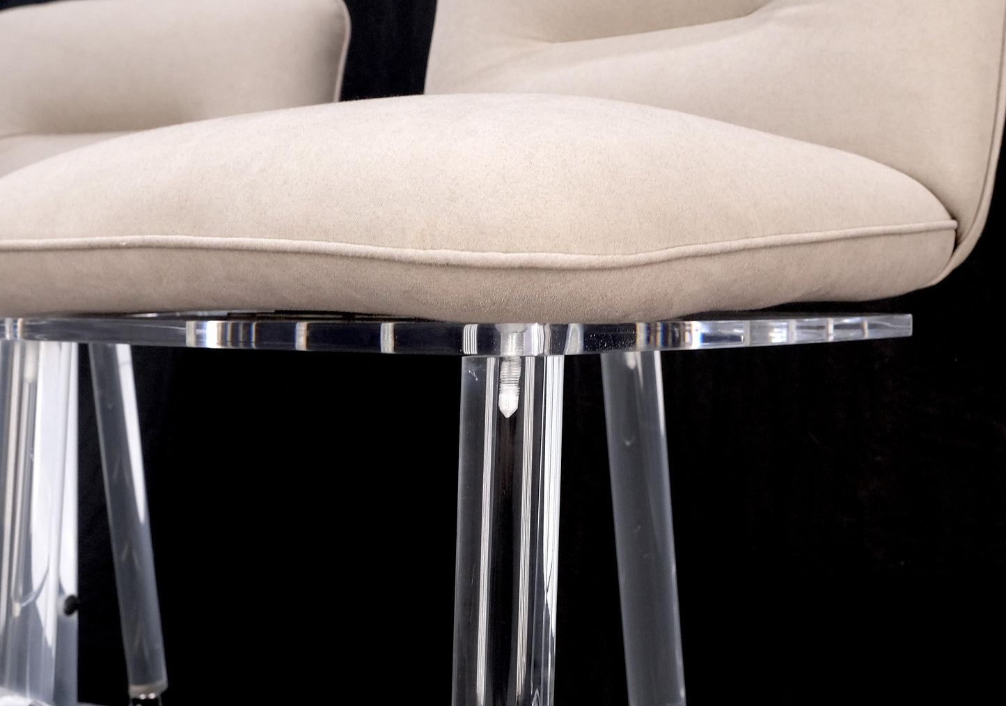 EstablishedLines Pair Bent Lucite 1970s New Alcantera Upholstery Swivel Barstool Chairs Chairs