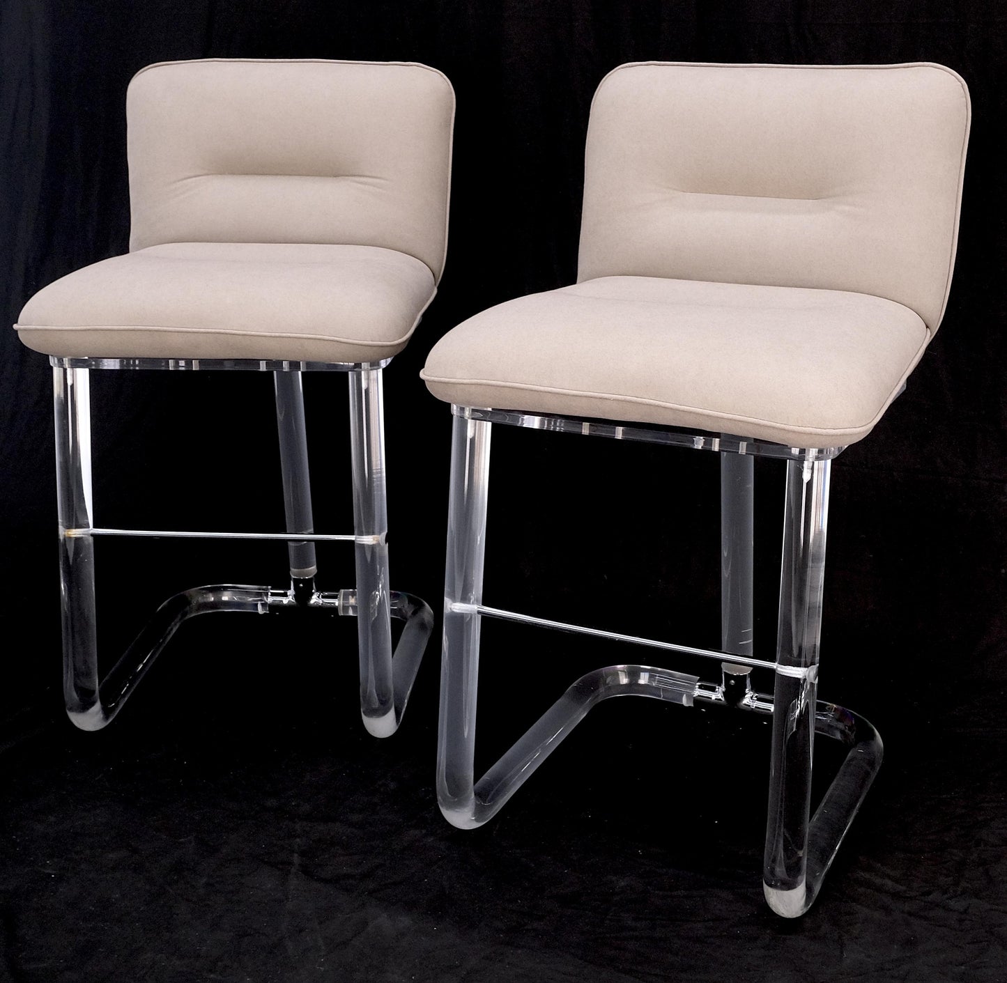 EstablishedLines Pair Bent Lucite 1970s New Alcantera Upholstery Swivel Barstool Chairs Chairs