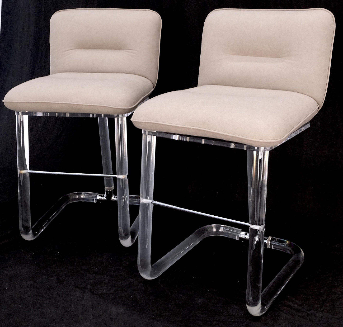 EstablishedLines Pair Bent Lucite 1970s New Alcantera Upholstery Swivel Barstool Chairs Chairs