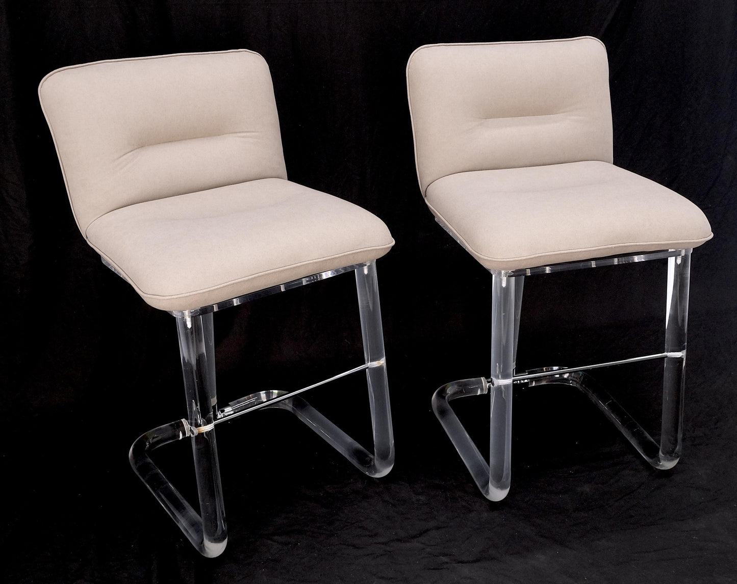 EstablishedLines Pair Bent Lucite 1970s New Alcantera Upholstery Swivel Barstool Chairs Chairs