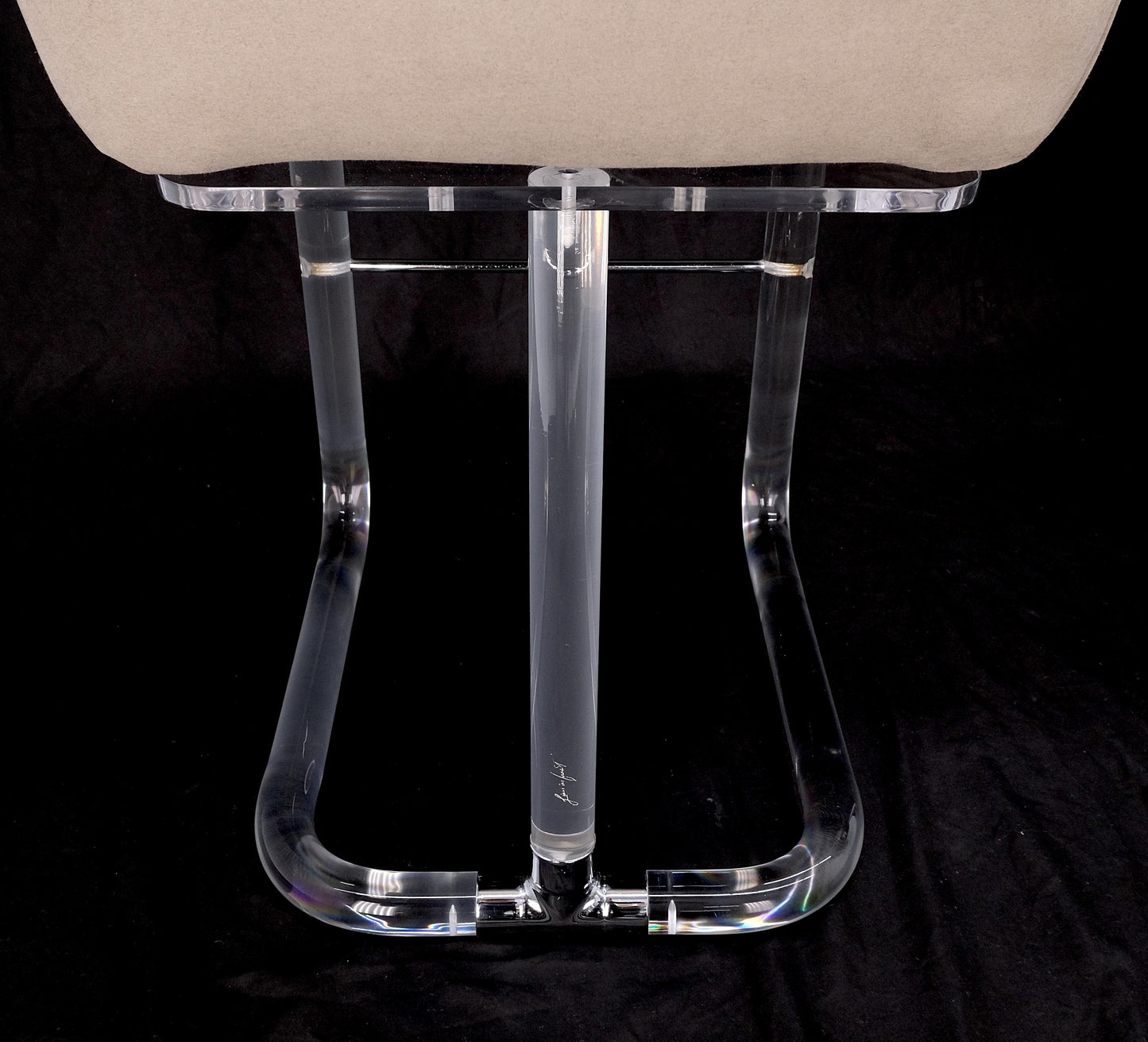 EstablishedLines Pair Bent Lucite 1970s New Alcantera Upholstery Swivel Barstool Chairs Chairs