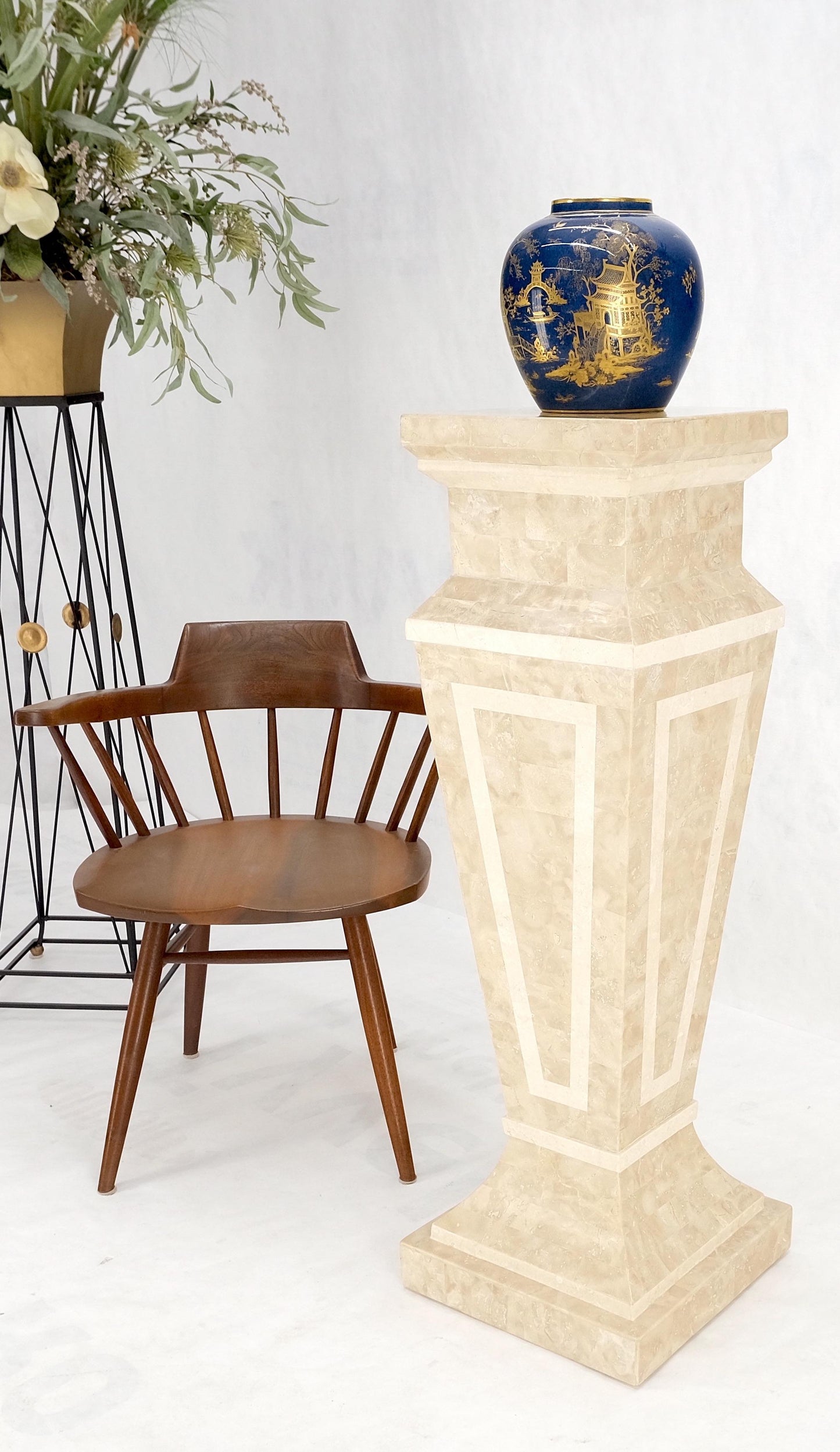 EstablishedLines Mid Century Tessellated Stone Inlay Square Tapered Shape Decorative Pedestal