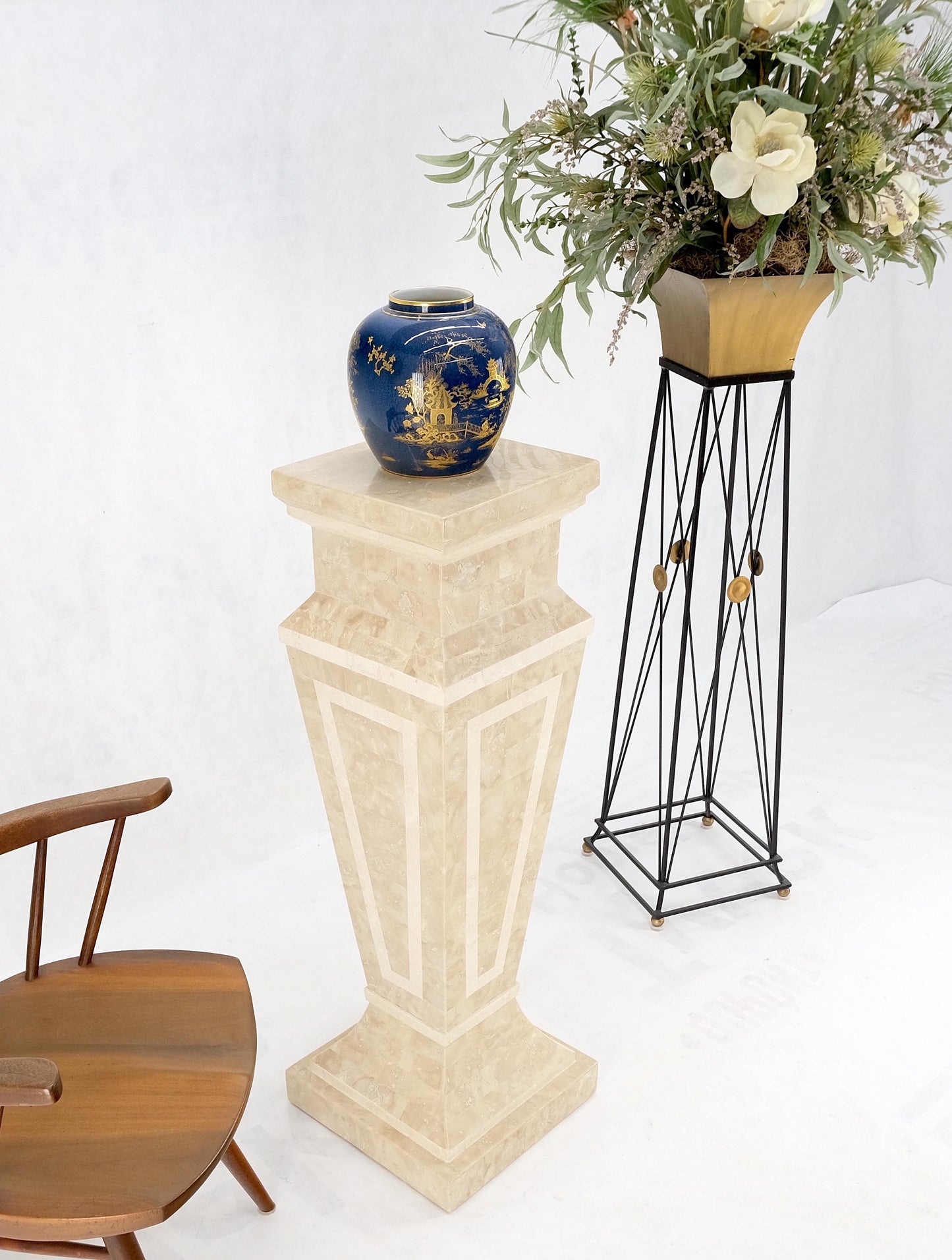 EstablishedLines Mid Century Tessellated Stone Inlay Square Tapered Shape Decorative Pedestal
