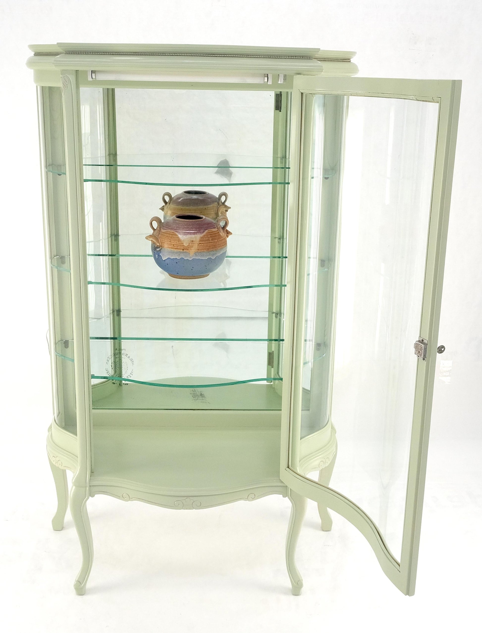 EstablishedLines 1920s Curved Glass Light Olive Tone Lacquer Finish Curio Display Cabinet MINT!