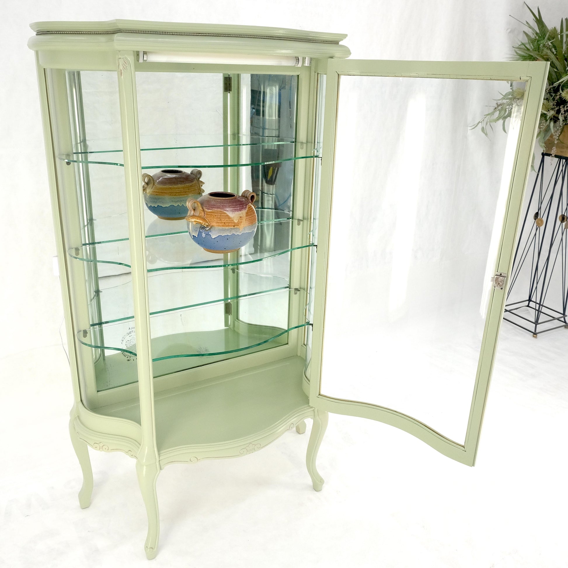 EstablishedLines 1920s Curved Glass Light Olive Tone Lacquer Finish Curio Display Cabinet MINT!