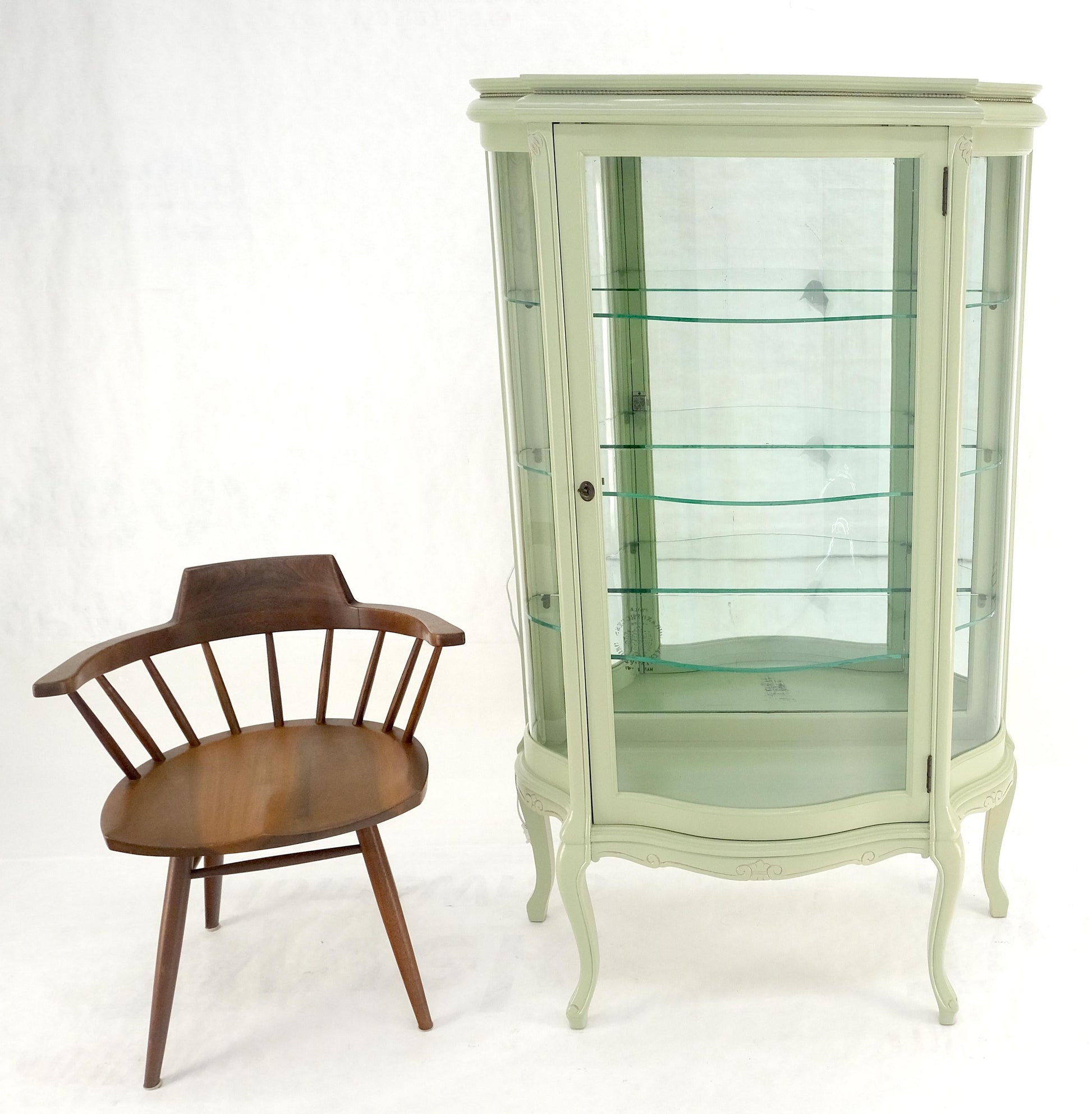 EstablishedLines 1920s Curved Glass Light Olive Tone Lacquer Finish Curio Display Cabinet MINT!