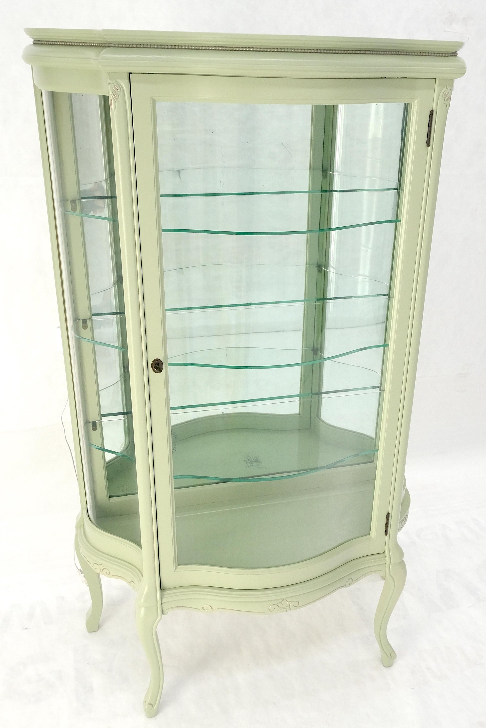 EstablishedLines 1920s Curved Glass Light Olive Tone Lacquer Finish Curio Display Cabinet MINT!