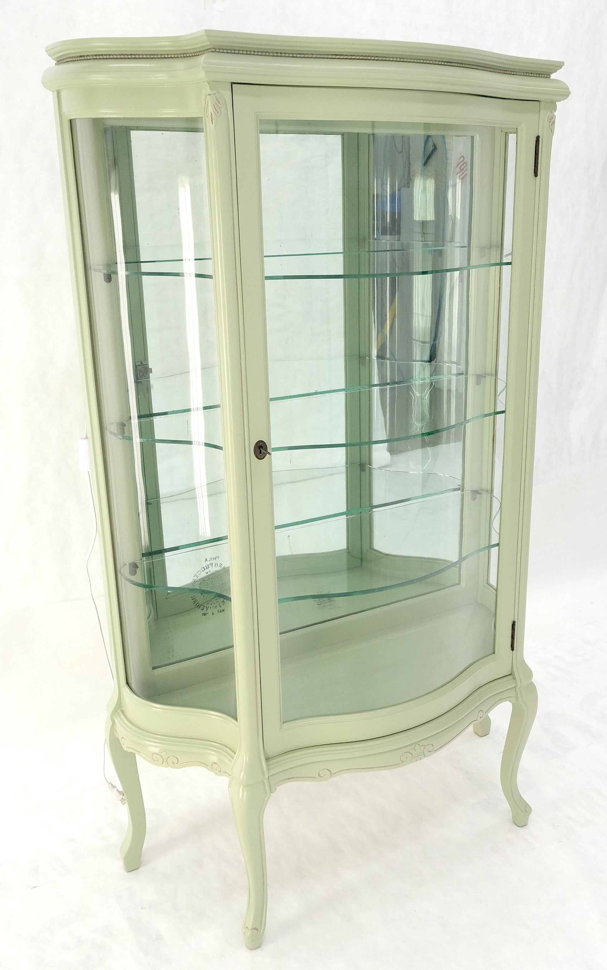 EstablishedLines 1920s Curved Glass Light Olive Tone Lacquer Finish Curio Display Cabinet MINT!