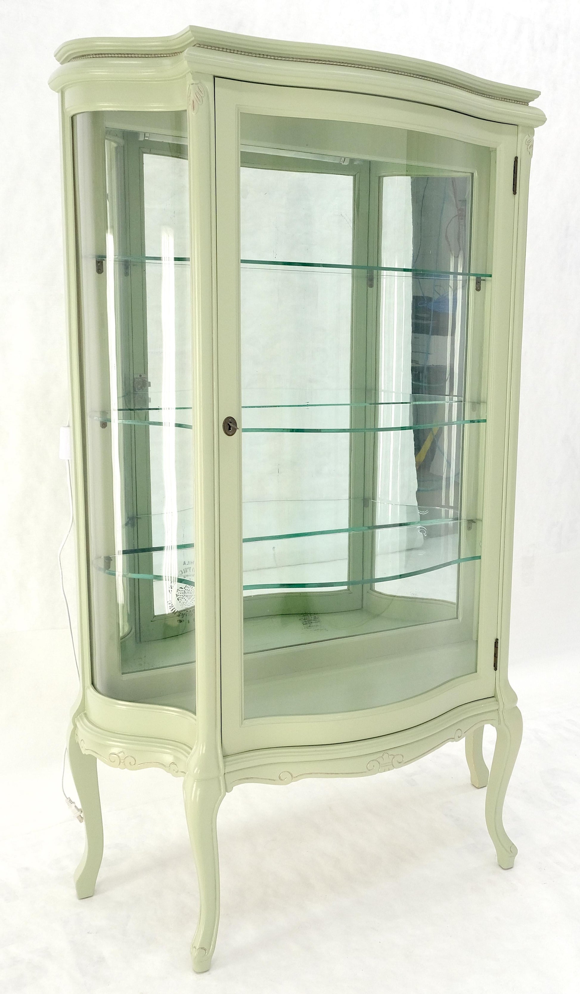 EstablishedLines 1920s Curved Glass Light Olive Tone Lacquer Finish Curio Display Cabinet MINT!