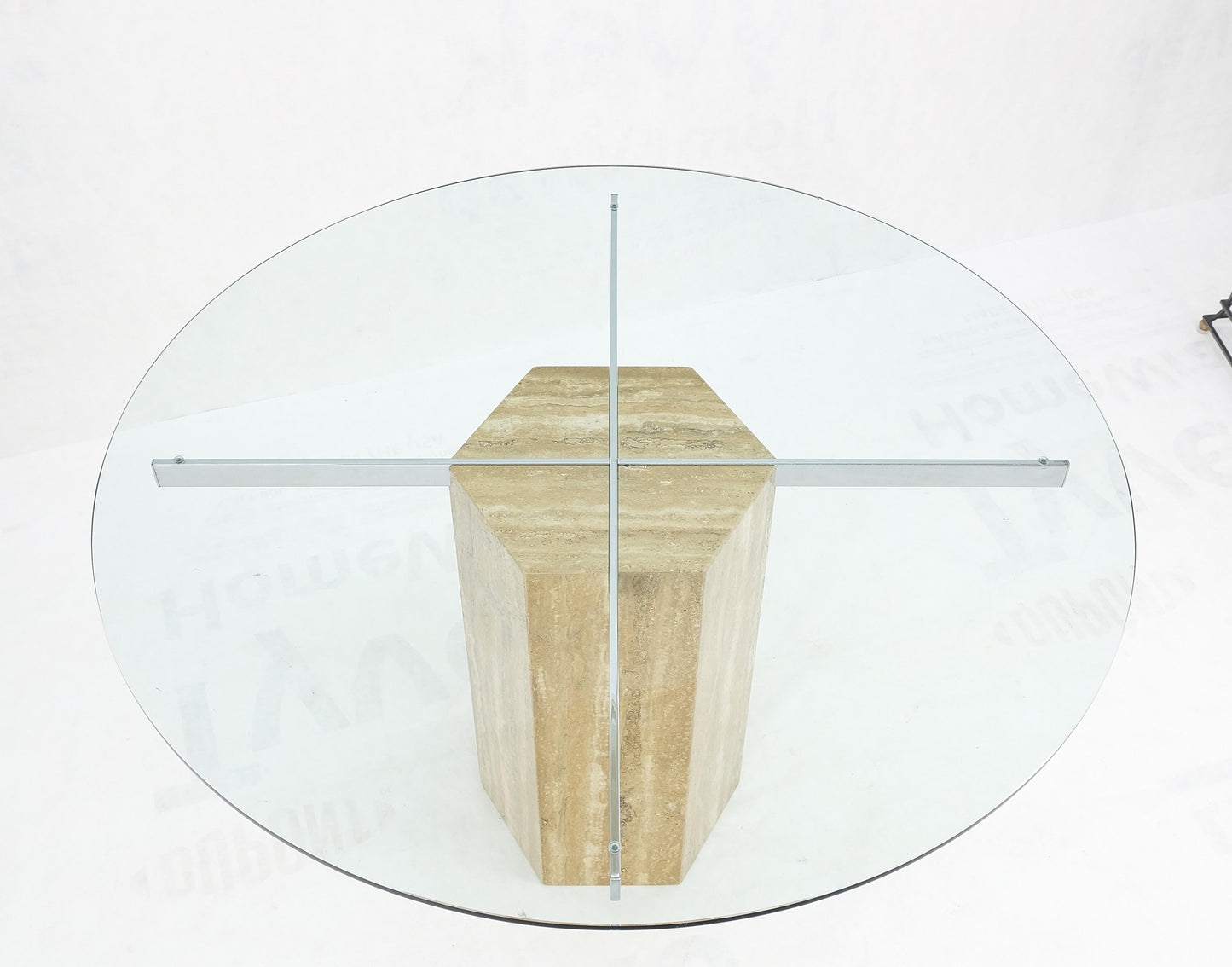 EstablishedLines Italian MCM Travertine Hexagon Base Round Glass Top Dining Dinette Table Mint!