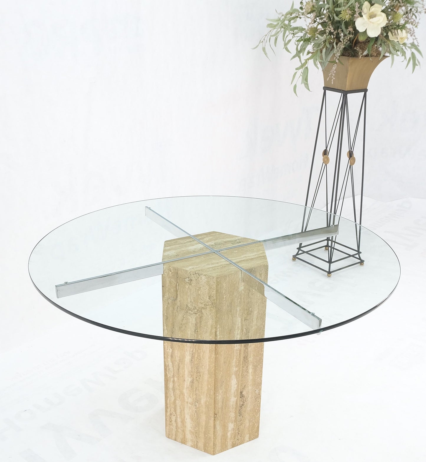 Italian MCM Travertine Hexagon Base Round Glass Top Dining Dinette Table Mint!
