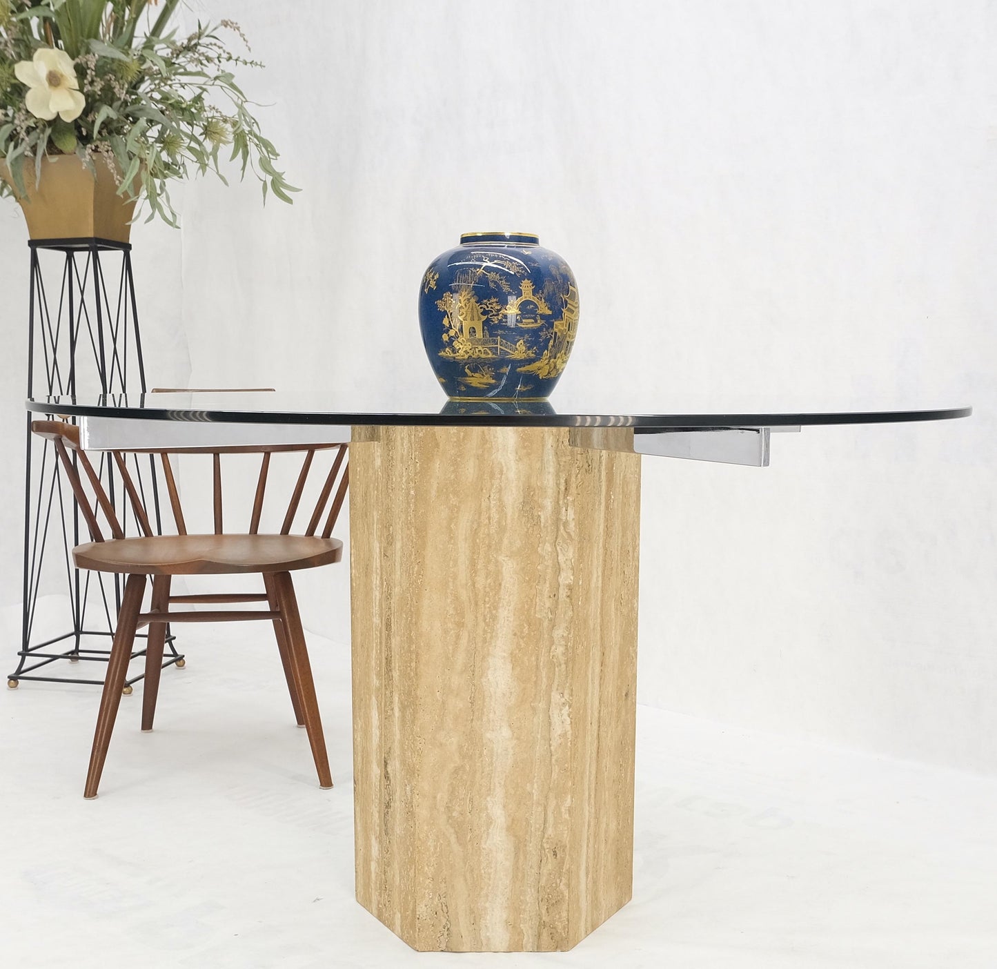 Italian MCM Travertine Hexagon Base Round Glass Top Dining Dinette Table Mint!