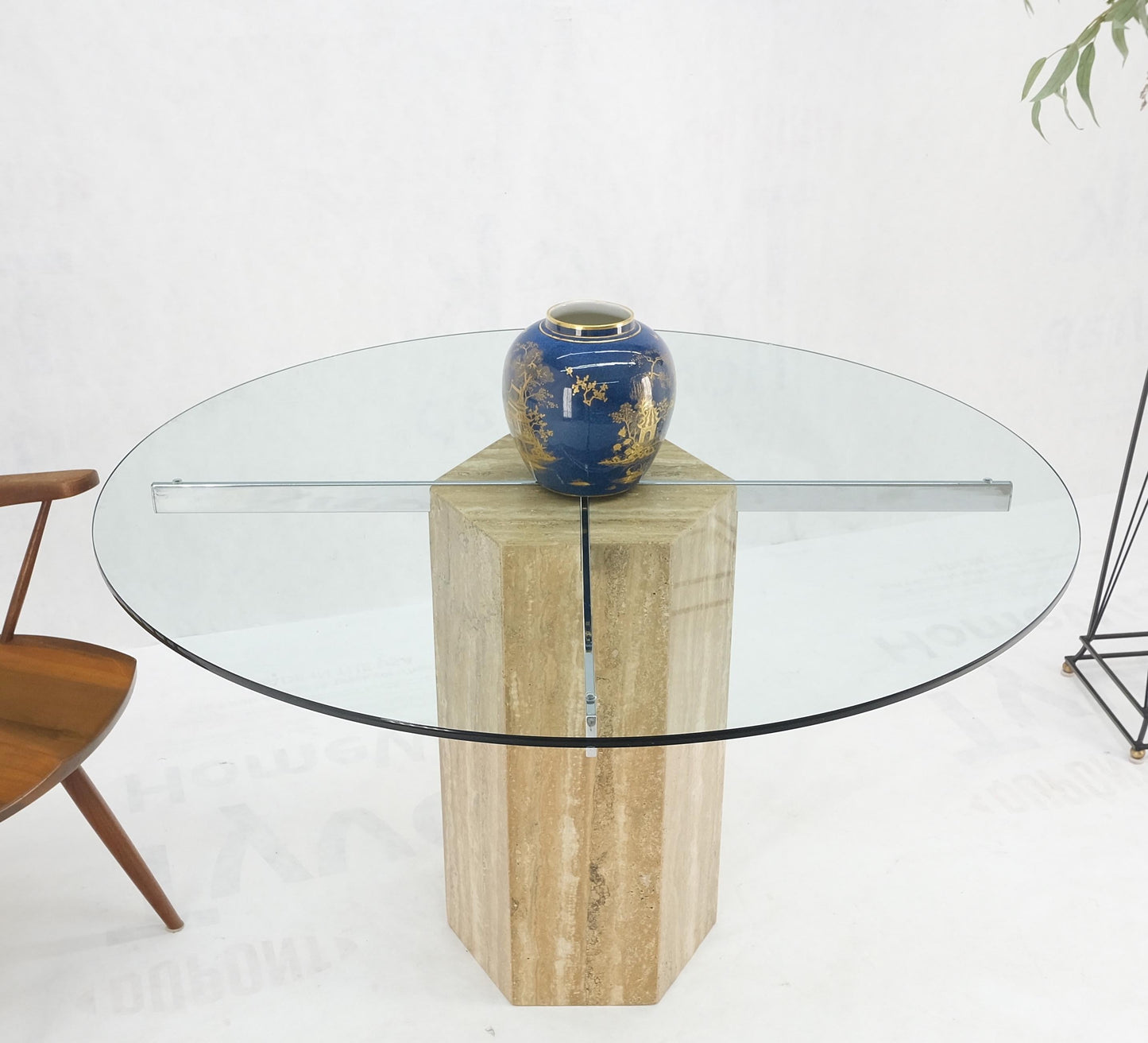 Italian MCM Travertine Hexagon Base Round Glass Top Dining Dinette Table Mint!