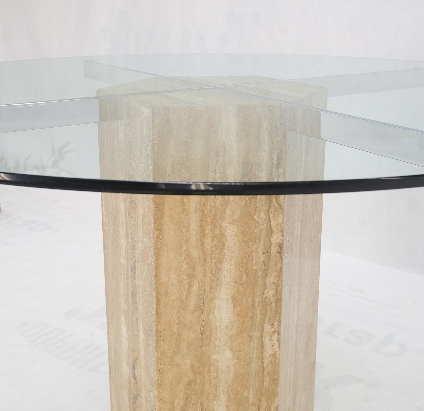Italian MCM Travertine Hexagon Base Round Glass Top Dining Dinette Table Mint!
