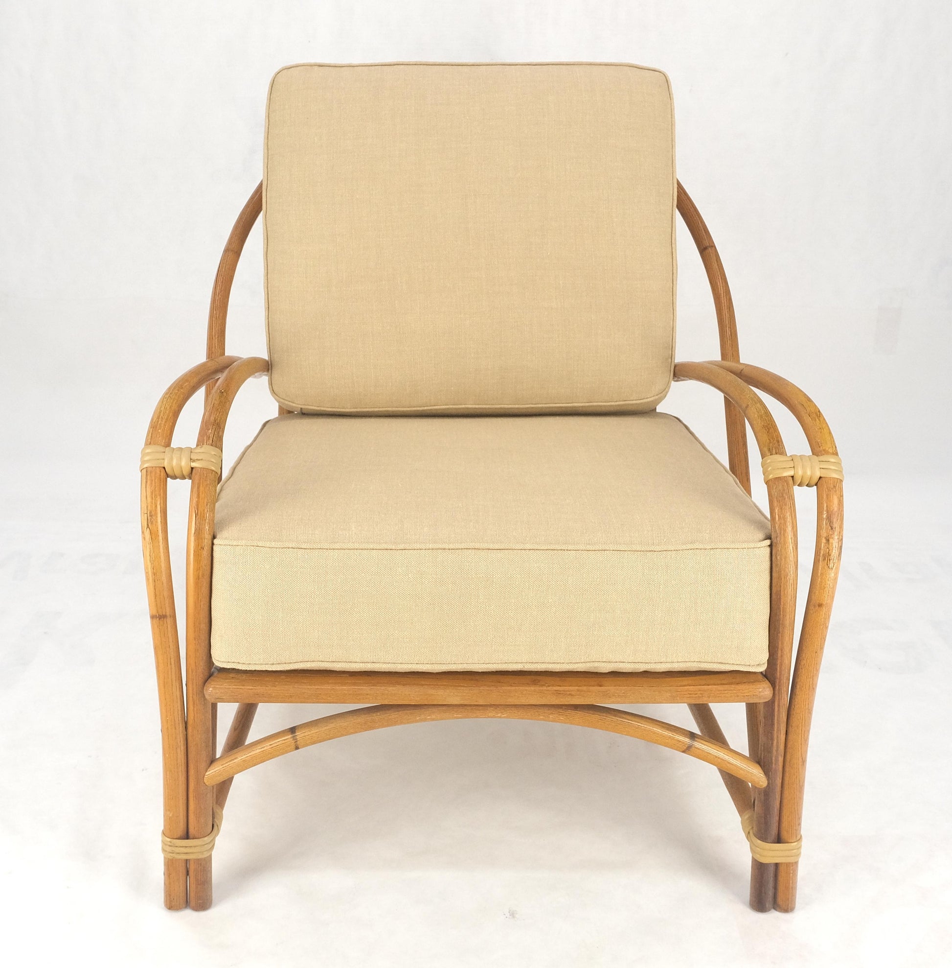 EstablishedLines New Golden Linen Upholstery Bamboo Rattan Lounge Chair c1970s