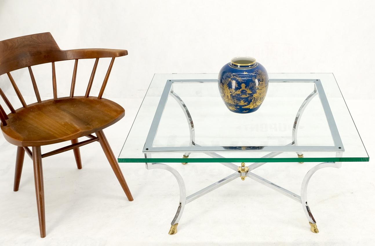 EstablishedLines Brass Hoof Feet Polished Chrome Glass Top Square Coffee Table Mid-Century Modern