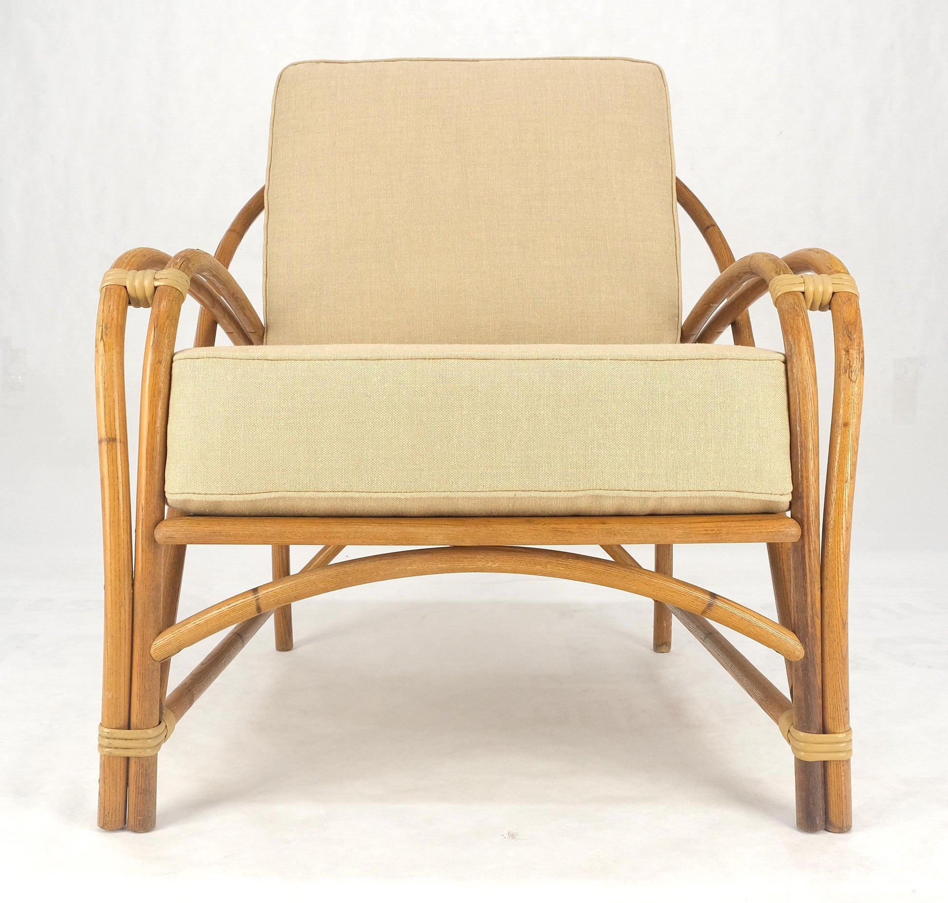 EstablishedLines New Golden Linen Upholstery Bamboo Rattan Lounge Chair c1970s