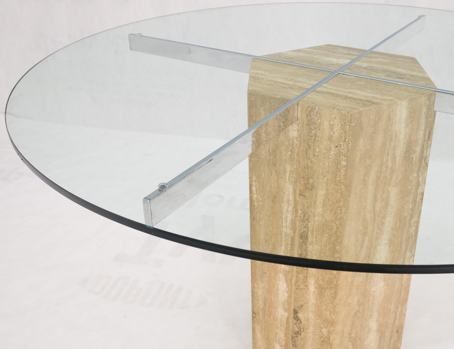 Italian MCM Travertine Hexagon Base Round Glass Top Dining Dinette Table Mint!