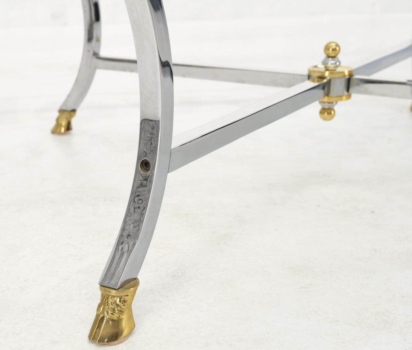 EstablishedLines Brass Hoof Feet Polished Chrome Glass Top Square Coffee Table Mid-Century Modern