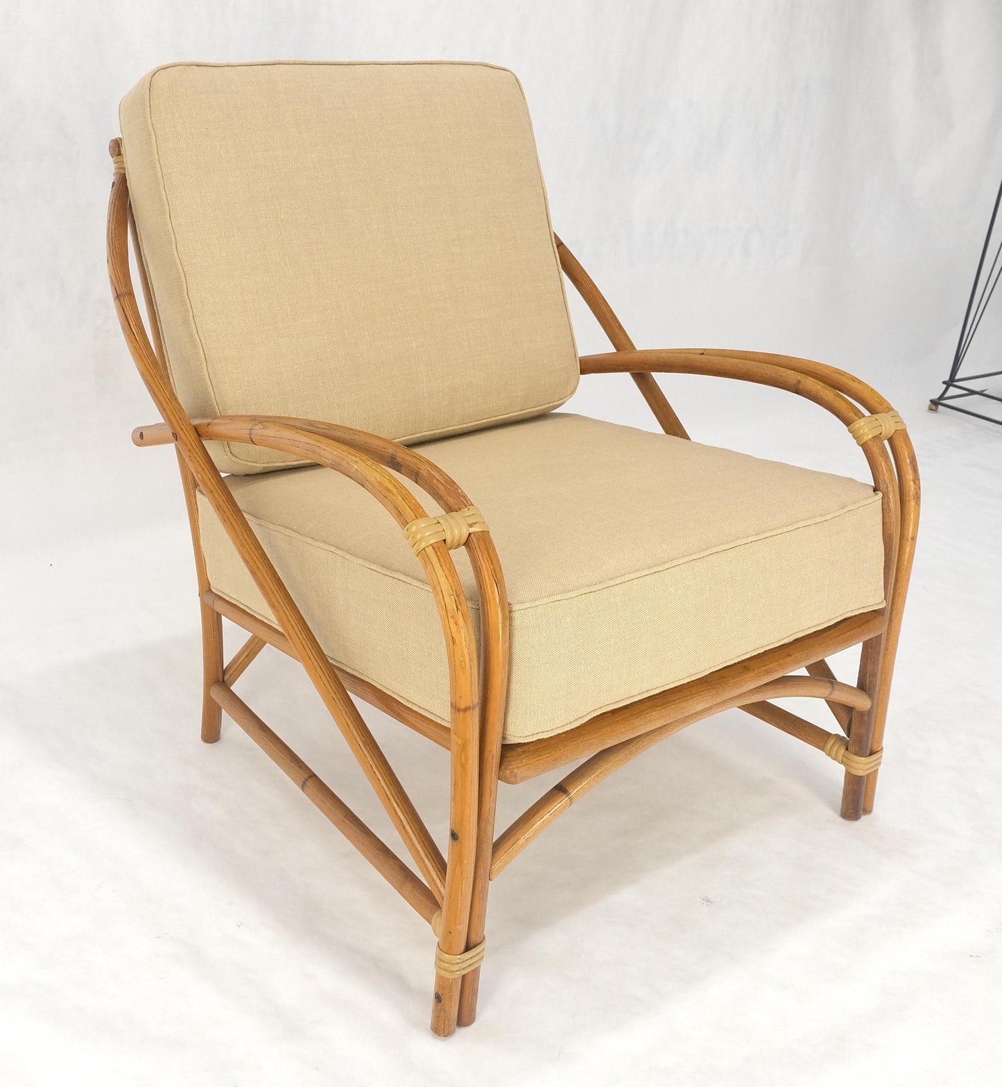EstablishedLines New Golden Linen Upholstery Bamboo Rattan Lounge Chair c1970s