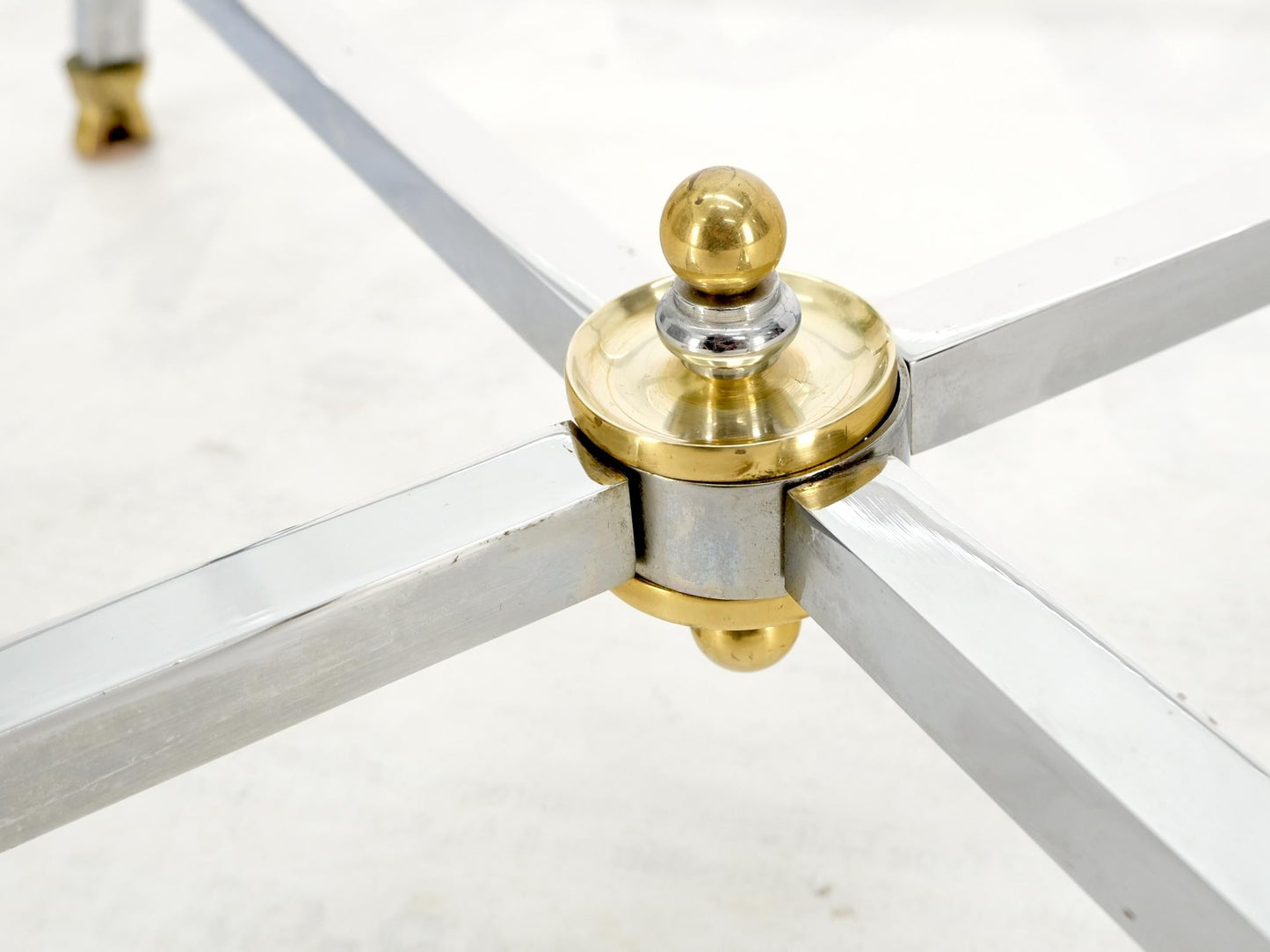 EstablishedLines Brass Hoof Feet Polished Chrome Glass Top Square Coffee Table Mid-Century Modern