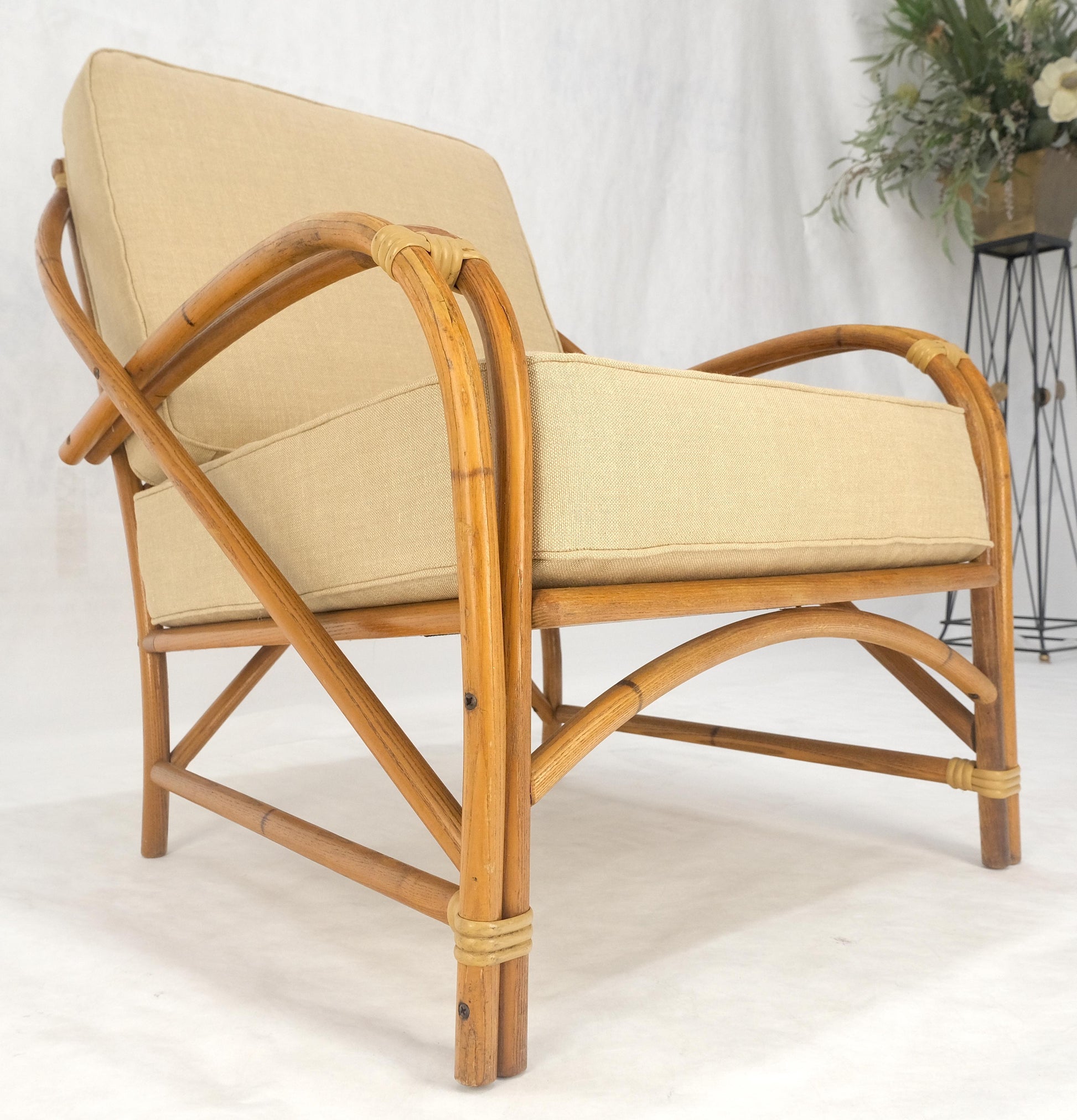 EstablishedLines New Golden Linen Upholstery Bamboo Rattan Lounge Chair c1970s