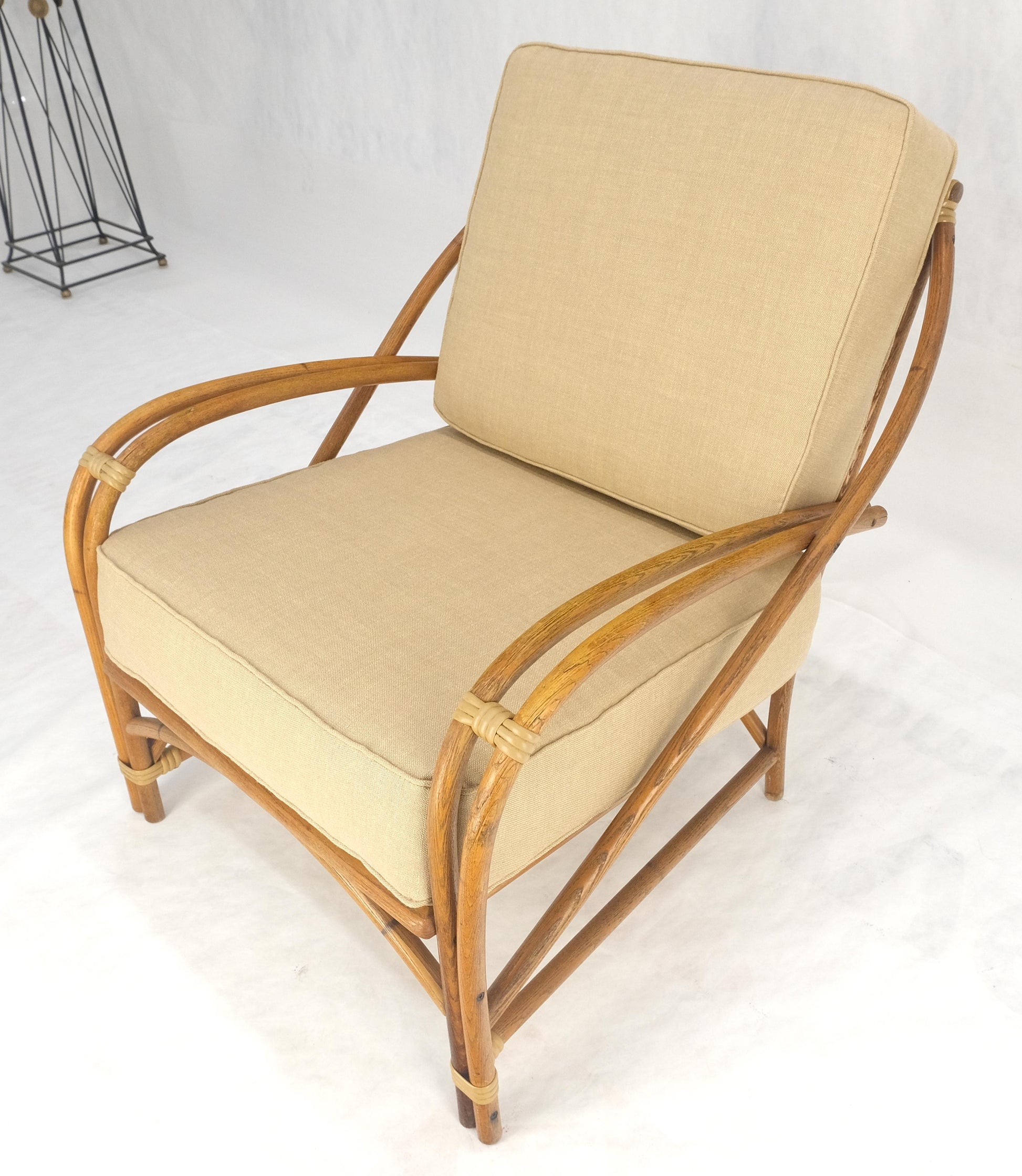 EstablishedLines New Golden Linen Upholstery Bamboo Rattan Lounge Chair c1970s