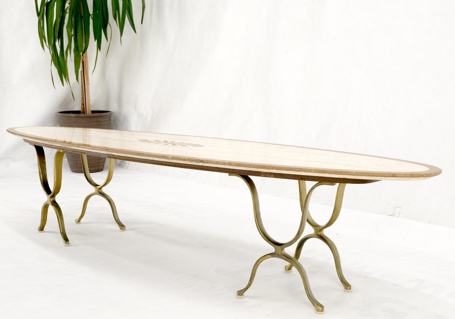 EstablishedLines Mid Century Modern Long Oval Inlaid Travertine Brass Base Coffee Table MINT!