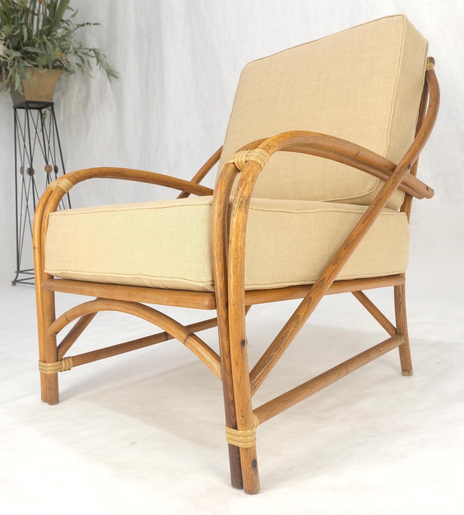 EstablishedLines New Golden Linen Upholstery Bamboo Rattan Lounge Chair c1970s