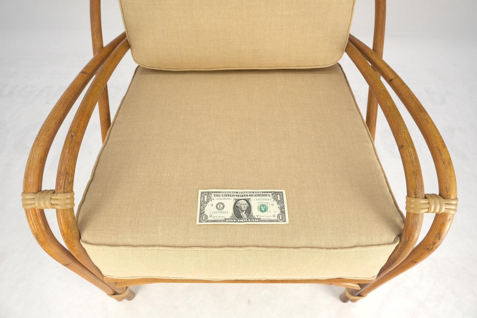 EstablishedLines New Golden Linen Upholstery Bamboo Rattan Lounge Chair c1970s