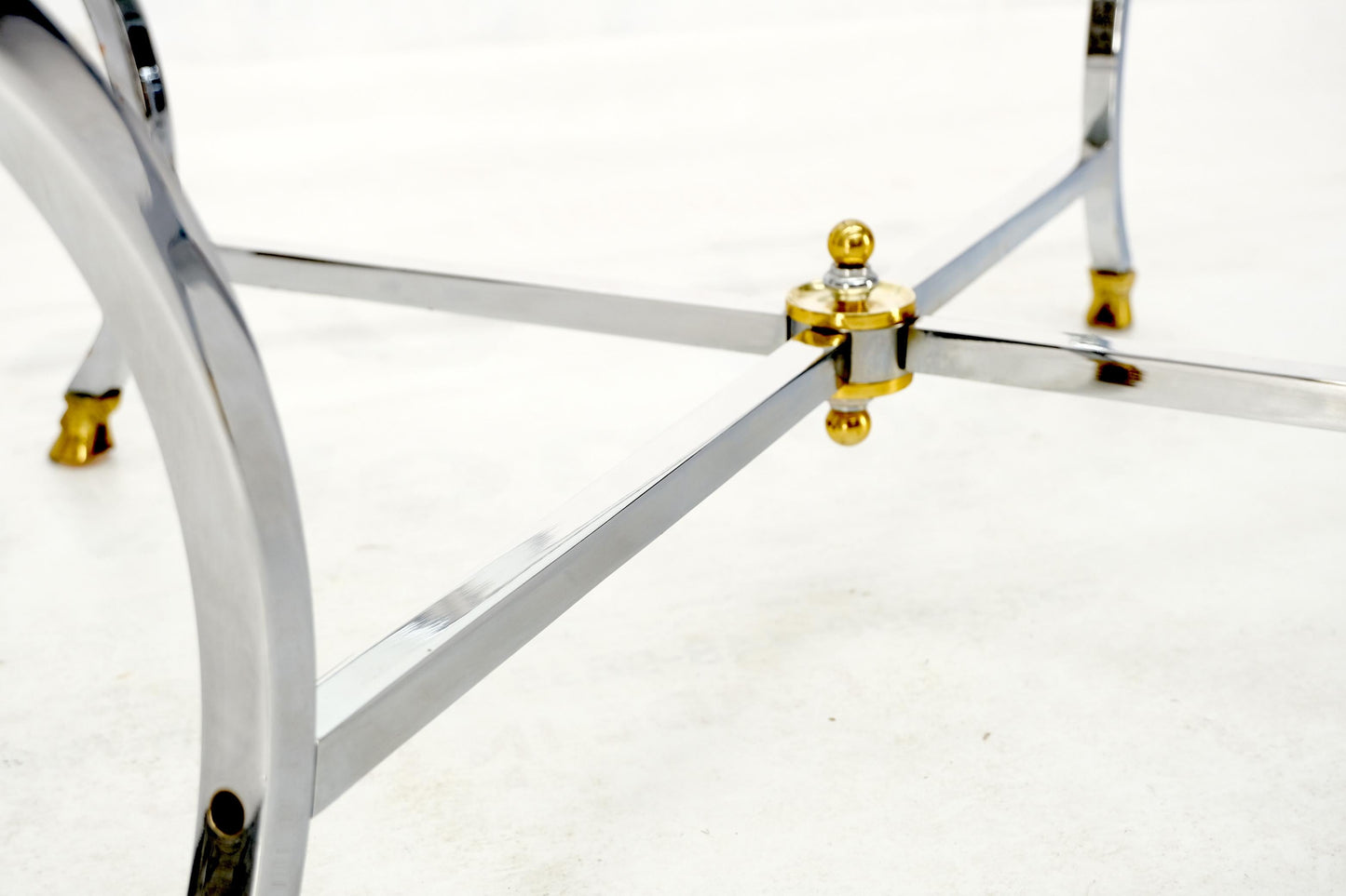 EstablishedLines Brass Hoof Feet Polished Chrome Glass Top Square Coffee Table Mid-Century Modern
