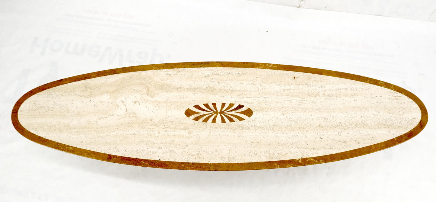 EstablishedLines Mid Century Modern Long Oval Inlaid Travertine Brass Base Coffee Table MINT!