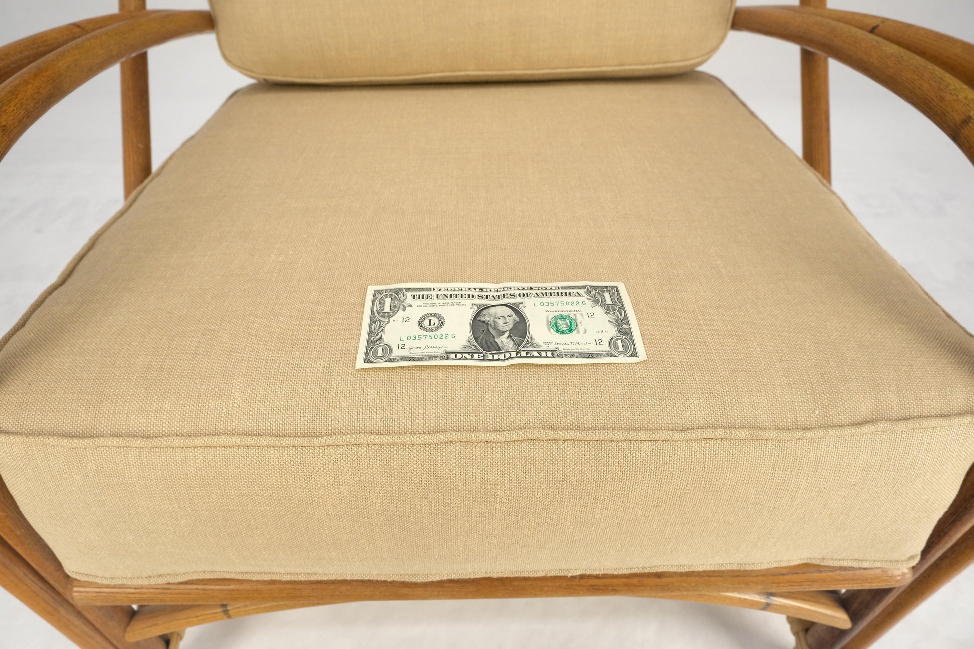 EstablishedLines New Golden Linen Upholstery Bamboo Rattan Lounge Chair c1970s