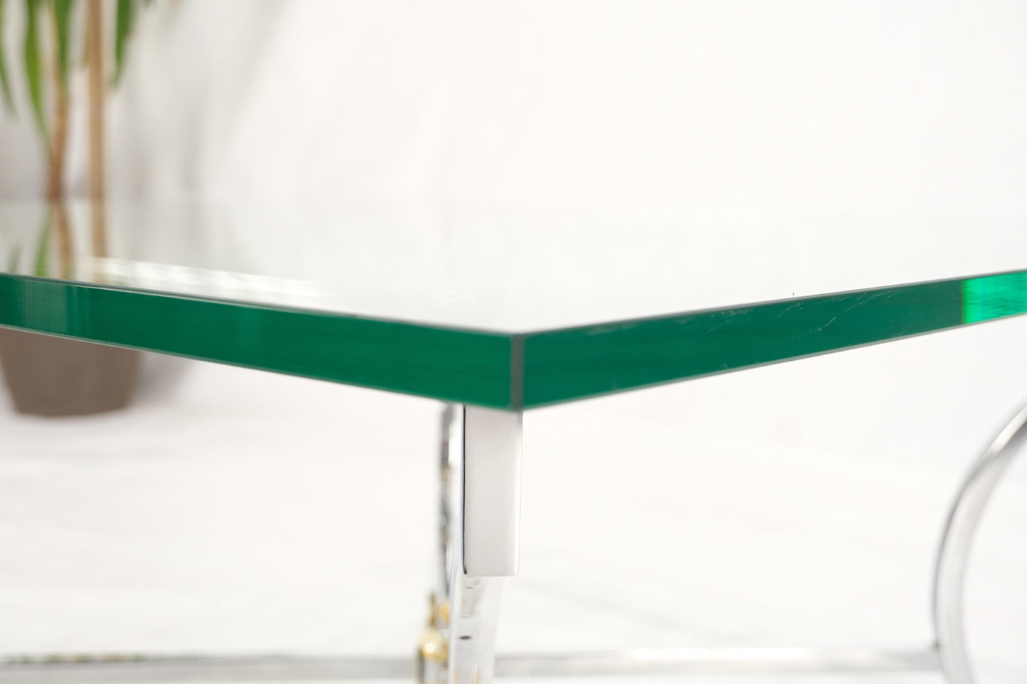 EstablishedLines Brass Hoof Feet Polished Chrome Glass Top Square Coffee Table Mid-Century Modern