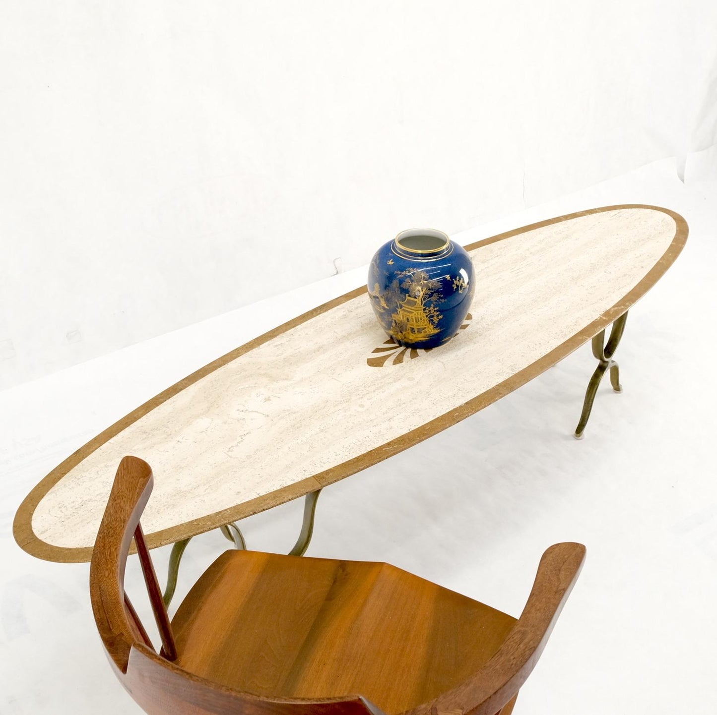 EstablishedLines Mid Century Modern Long Oval Inlaid Travertine Brass Base Coffee Table MINT!