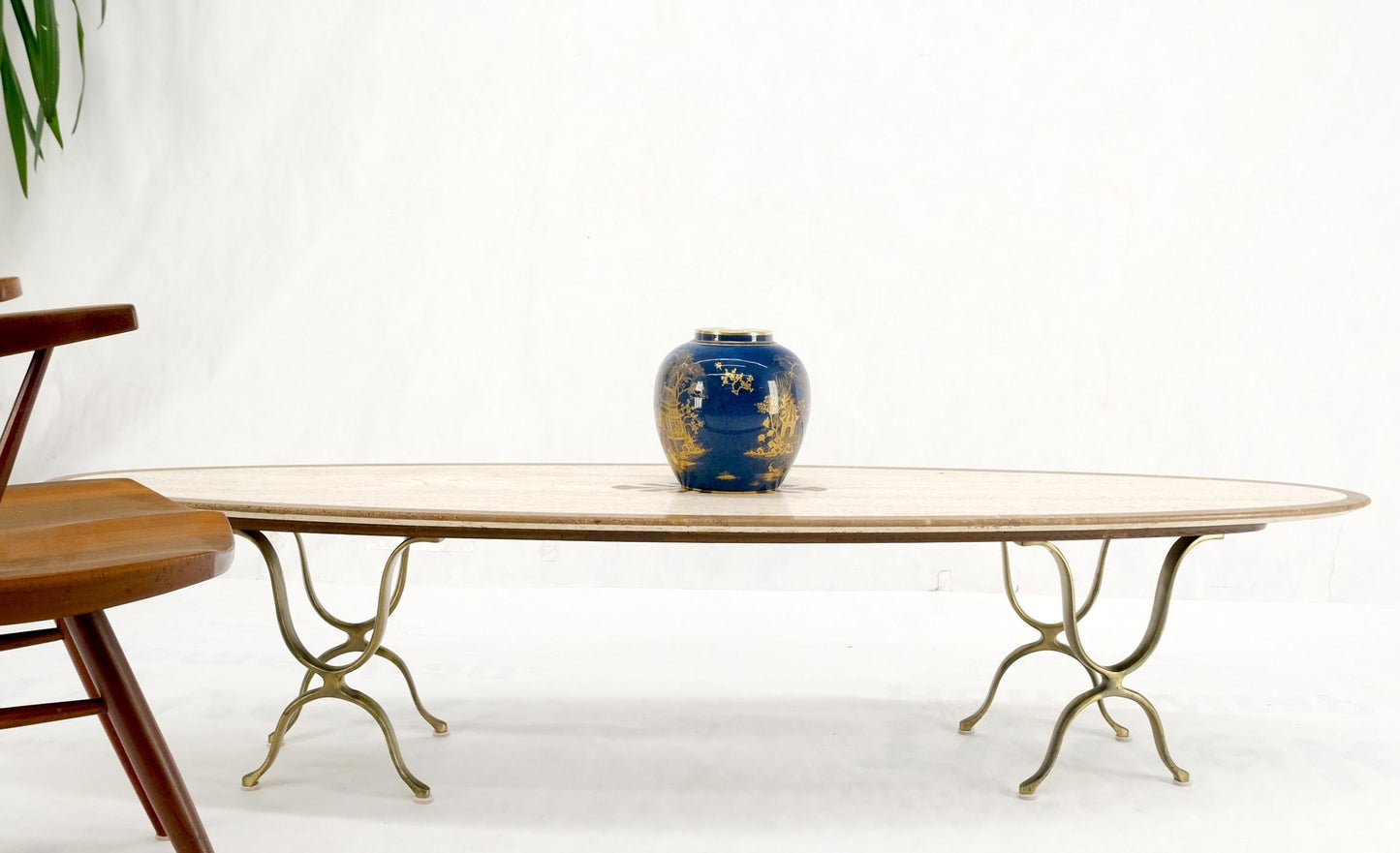 EstablishedLines Mid Century Modern Long Oval Inlaid Travertine Brass Base Coffee Table MINT!