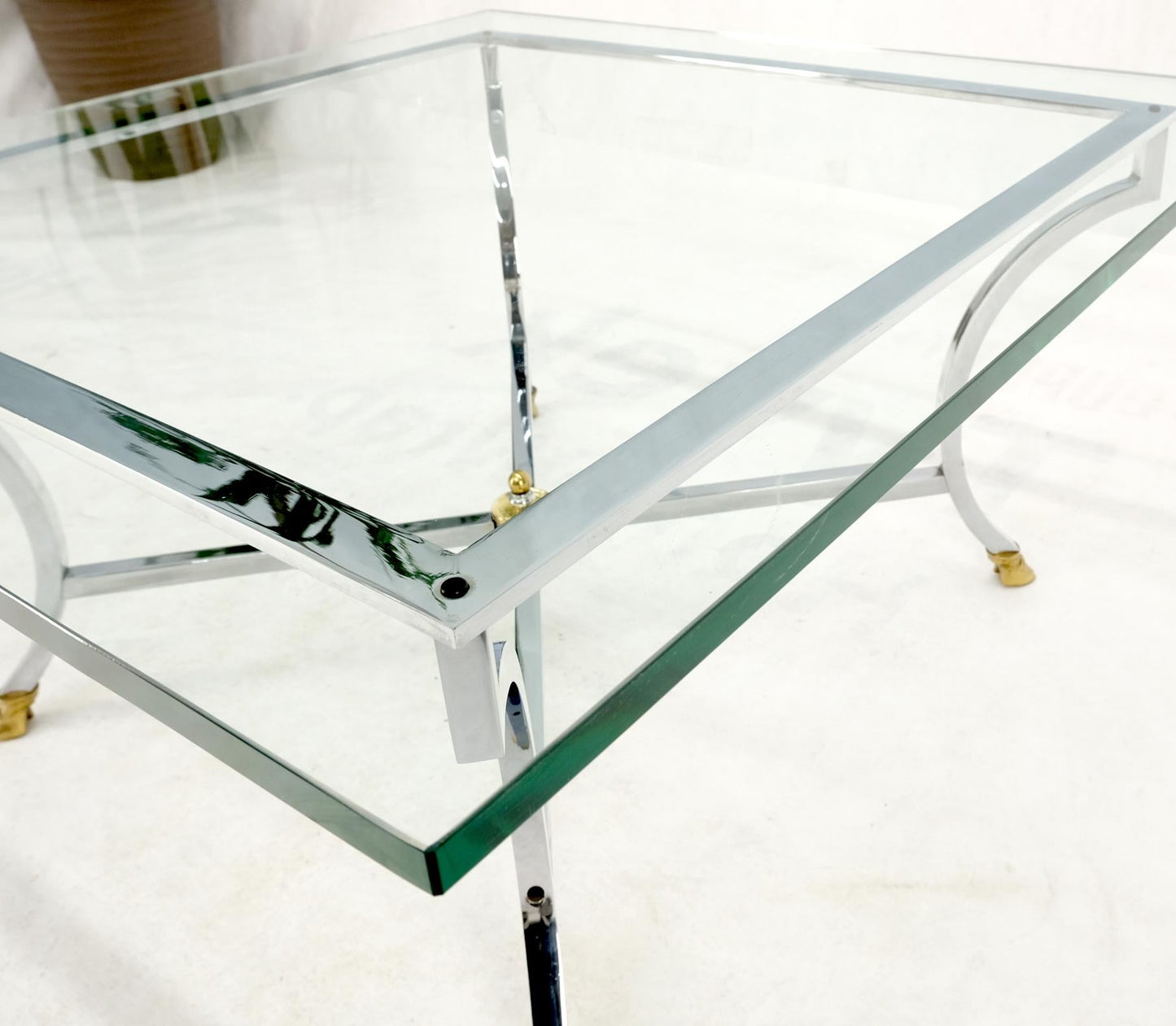 EstablishedLines Brass Hoof Feet Polished Chrome Glass Top Square Coffee Table Mid-Century Modern