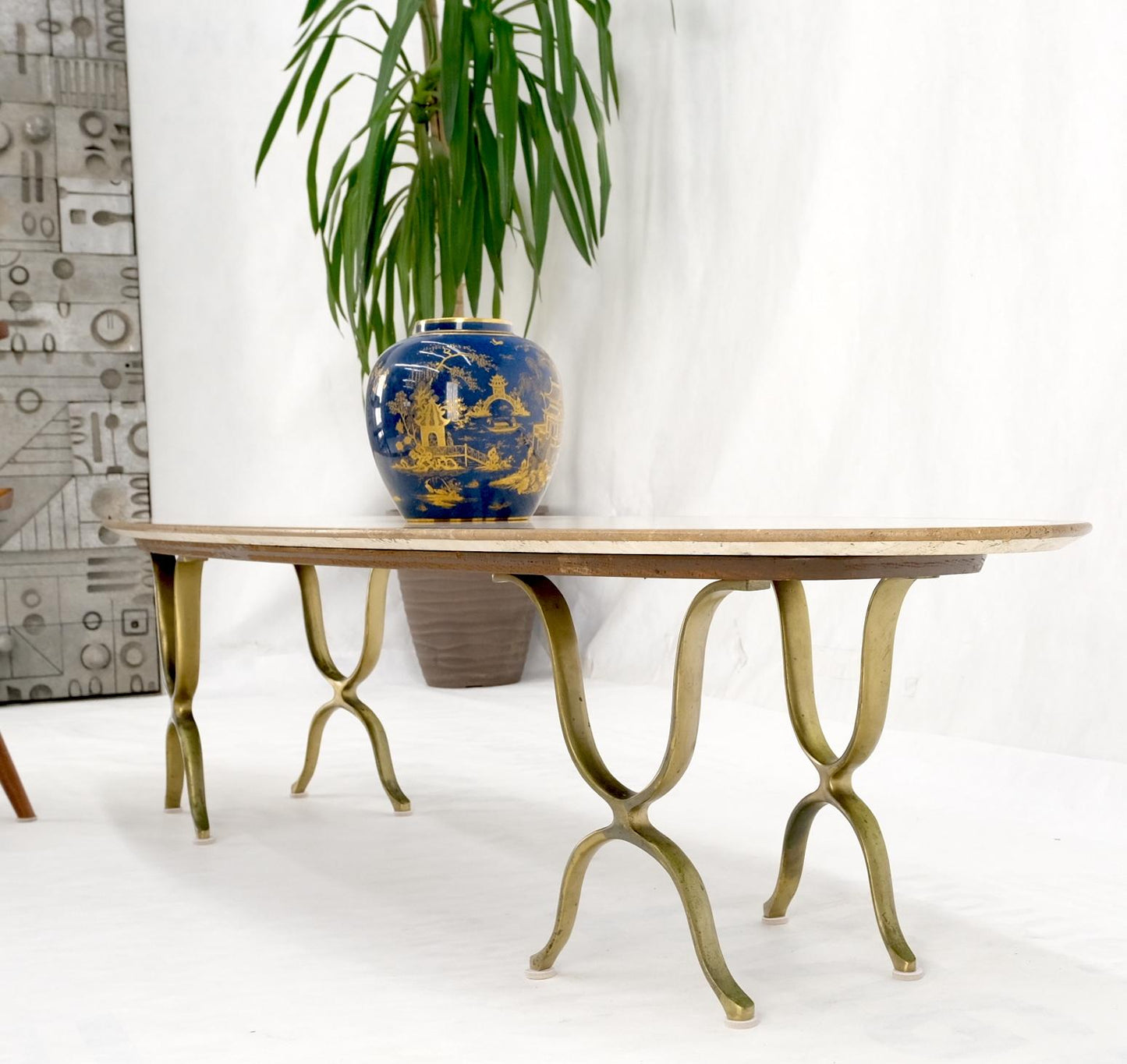 EstablishedLines Mid Century Modern Long Oval Inlaid Travertine Brass Base Coffee Table MINT!