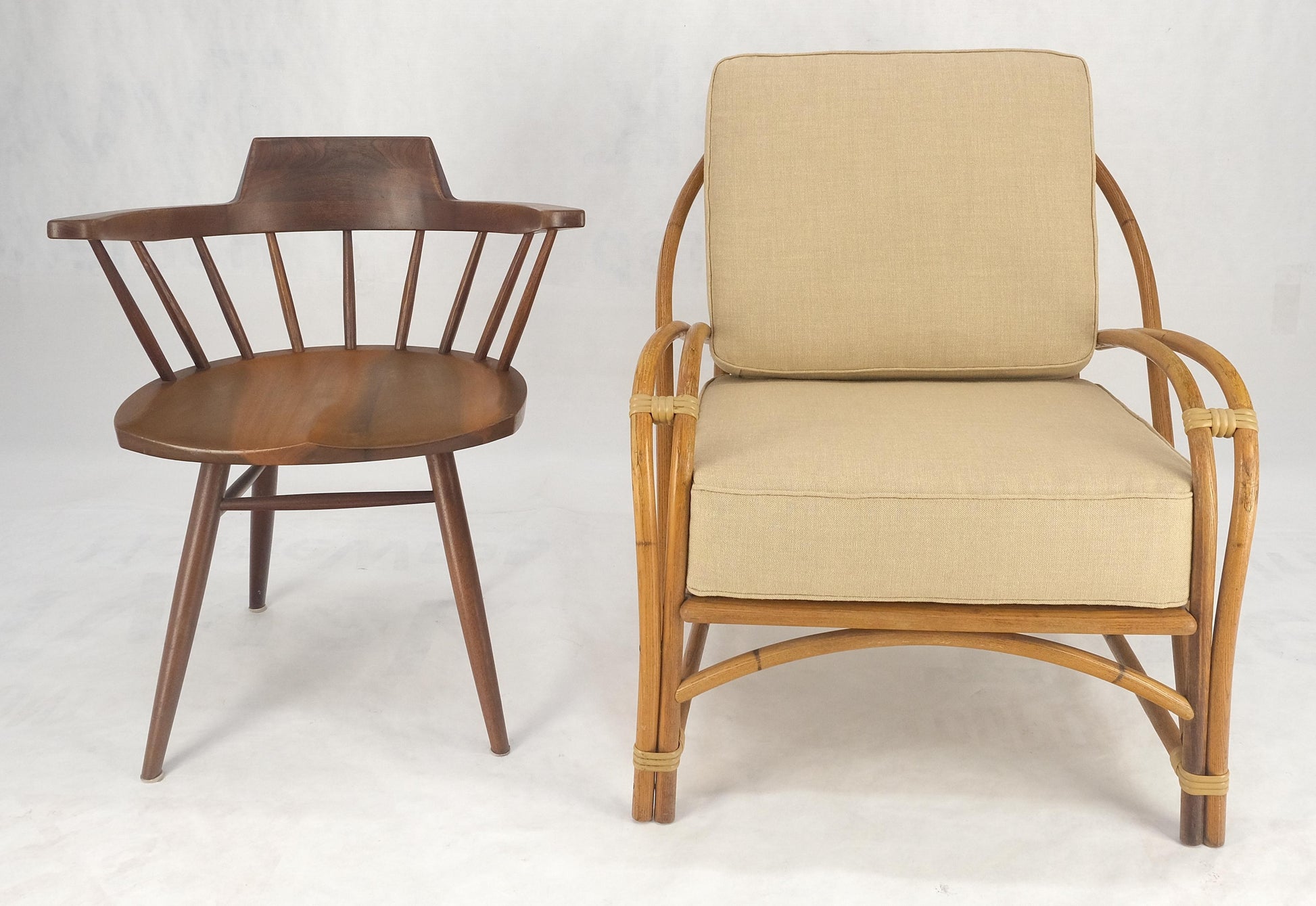 EstablishedLines New Golden Linen Upholstery Bamboo Rattan Lounge Chair c1970s