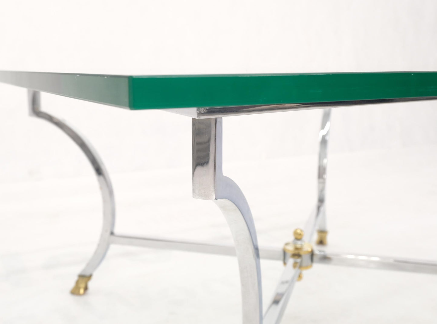 EstablishedLines Brass Hoof Feet Polished Chrome Glass Top Square Coffee Table Mid-Century Modern