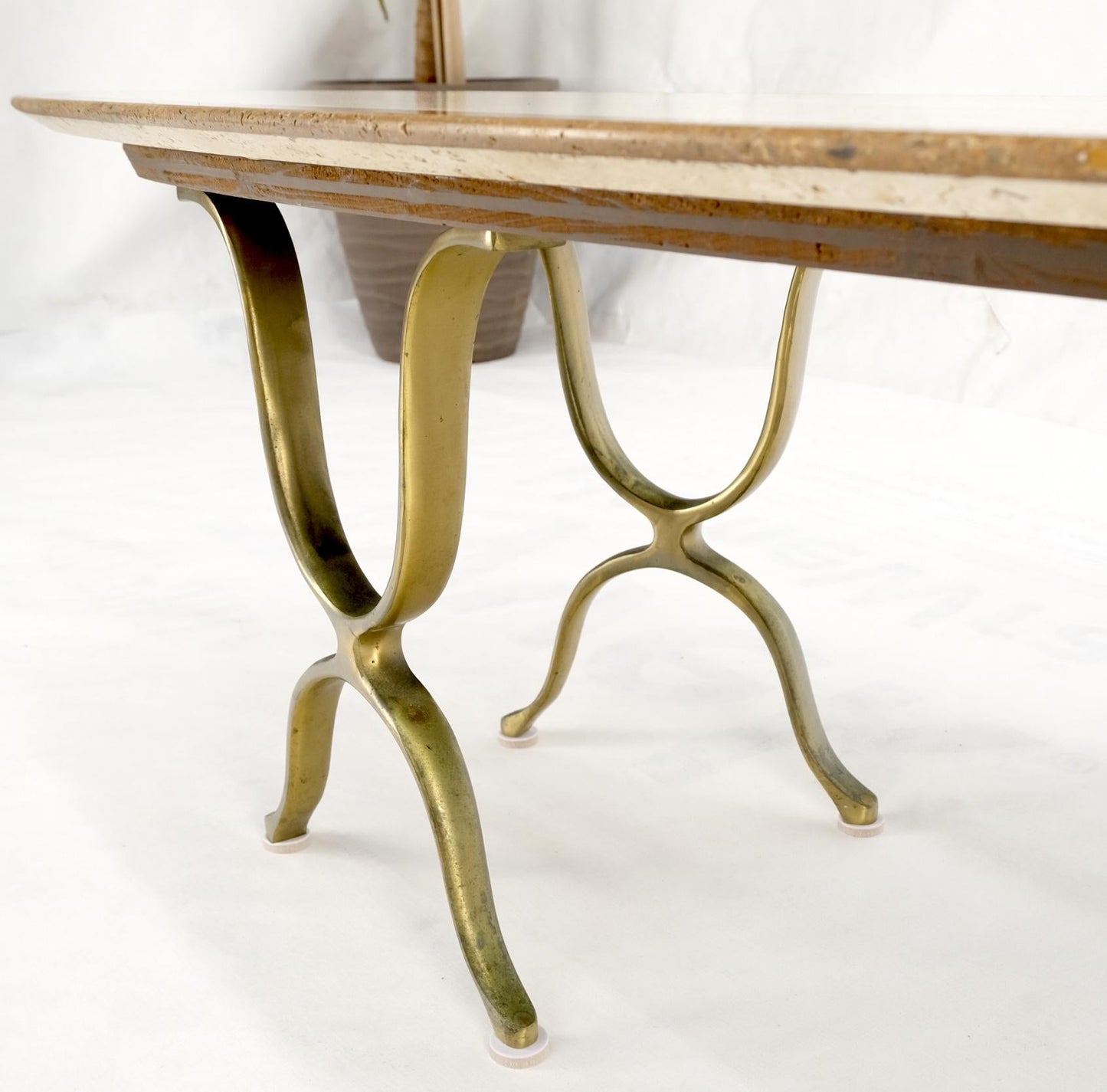 EstablishedLines Mid Century Modern Long Oval Inlaid Travertine Brass Base Coffee Table MINT!