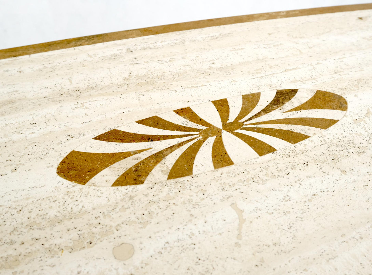 EstablishedLines Mid Century Modern Long Oval Inlaid Travertine Brass Base Coffee Table MINT!