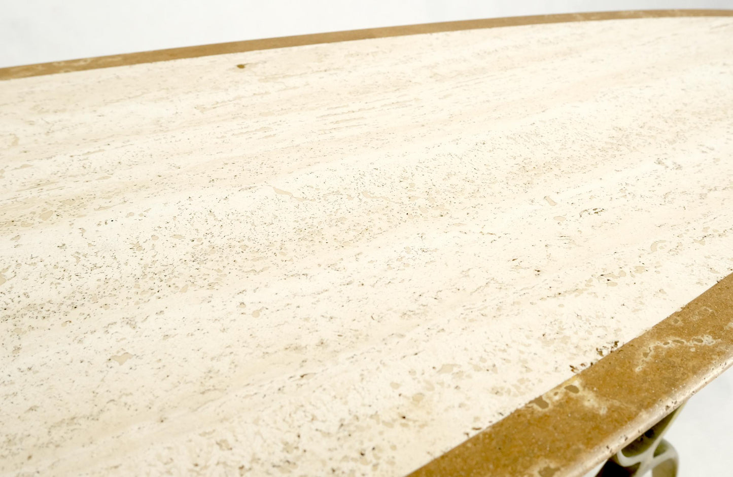 EstablishedLines Mid Century Modern Long Oval Inlaid Travertine Brass Base Coffee Table MINT!