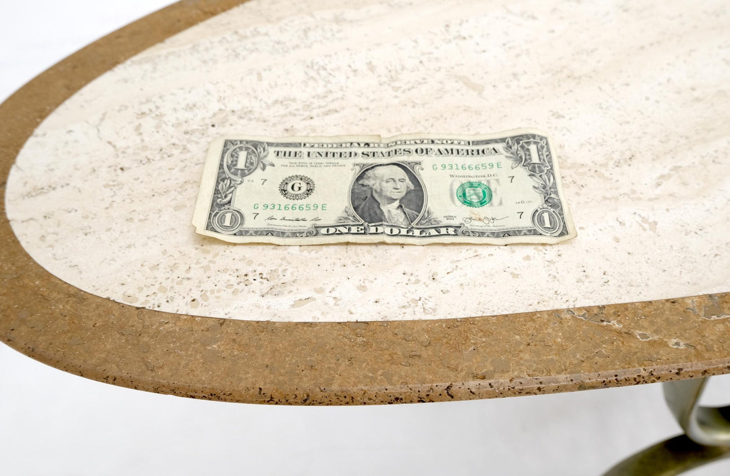 EstablishedLines Mid Century Modern Long Oval Inlaid Travertine Brass Base Coffee Table MINT!